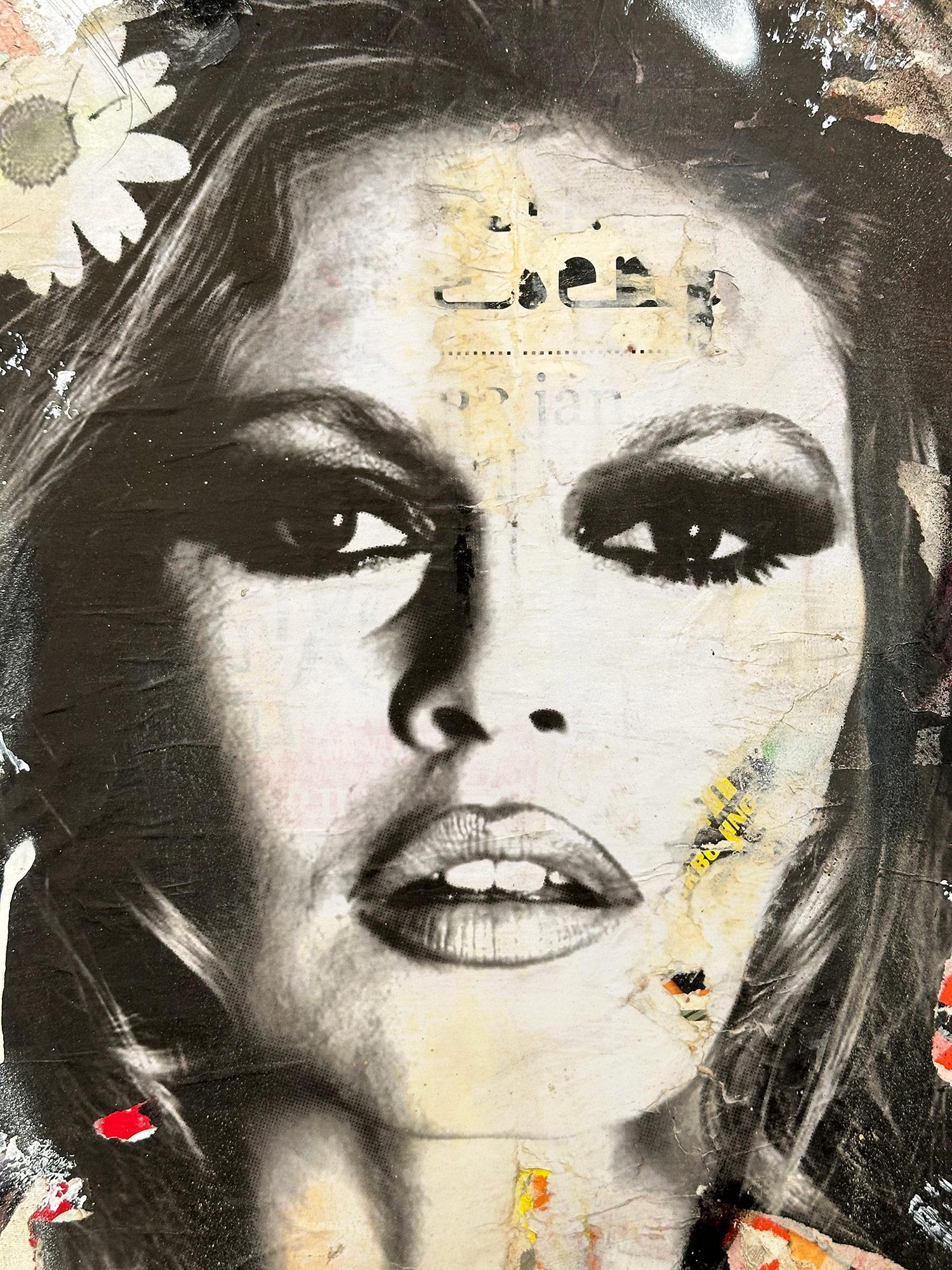 This piece depicts the famous French actress and model Brigitte Bardot. Done with beautiful expressive colors and a distinctive street art design, this piece pops with energy and romantic beauty. Its composition and bold collage make a wonderful