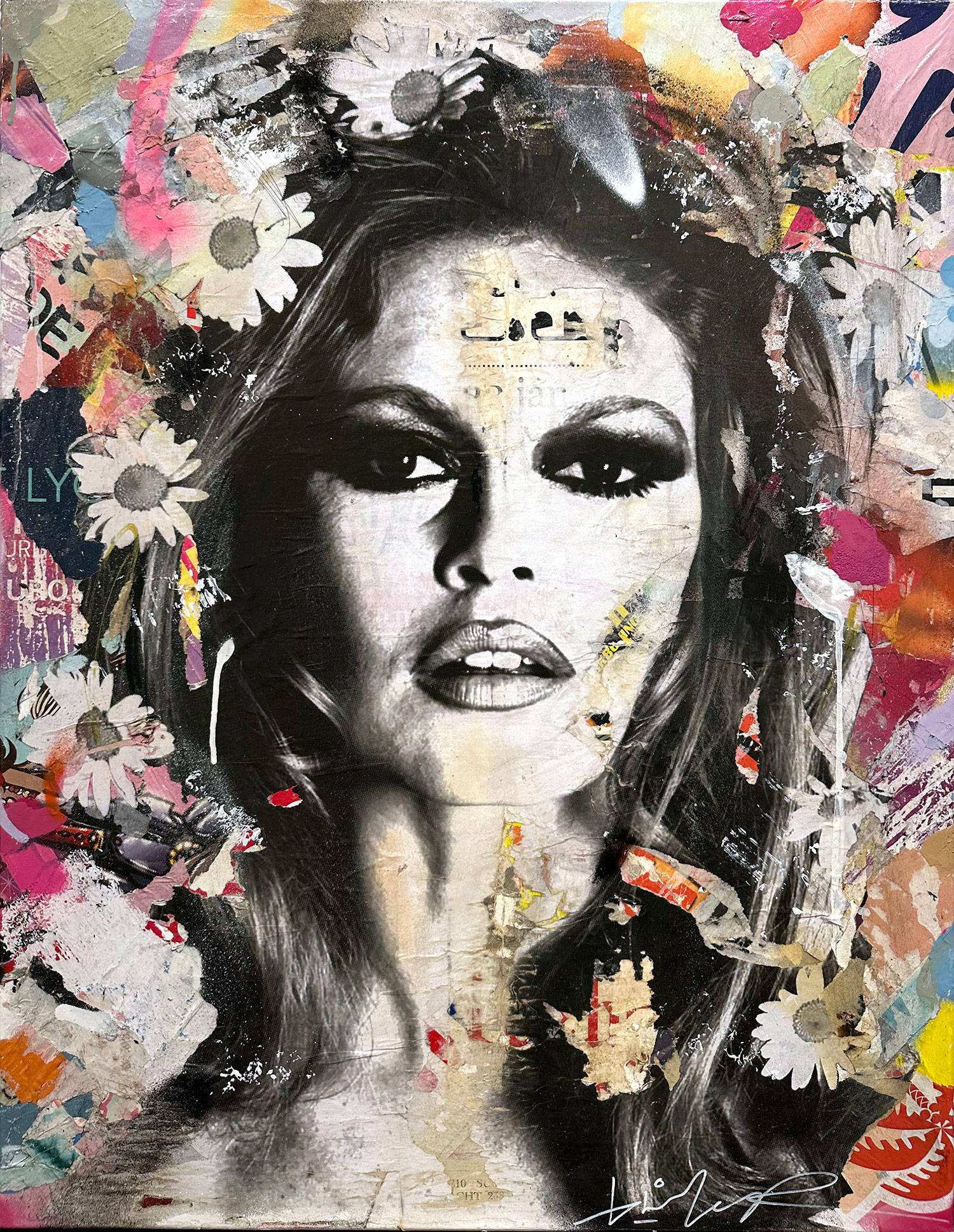 Gieler Abstract Painting - "She’s Your Friend" Brigitte Bardot Pop Art Portrait Décollage Painting Canvas