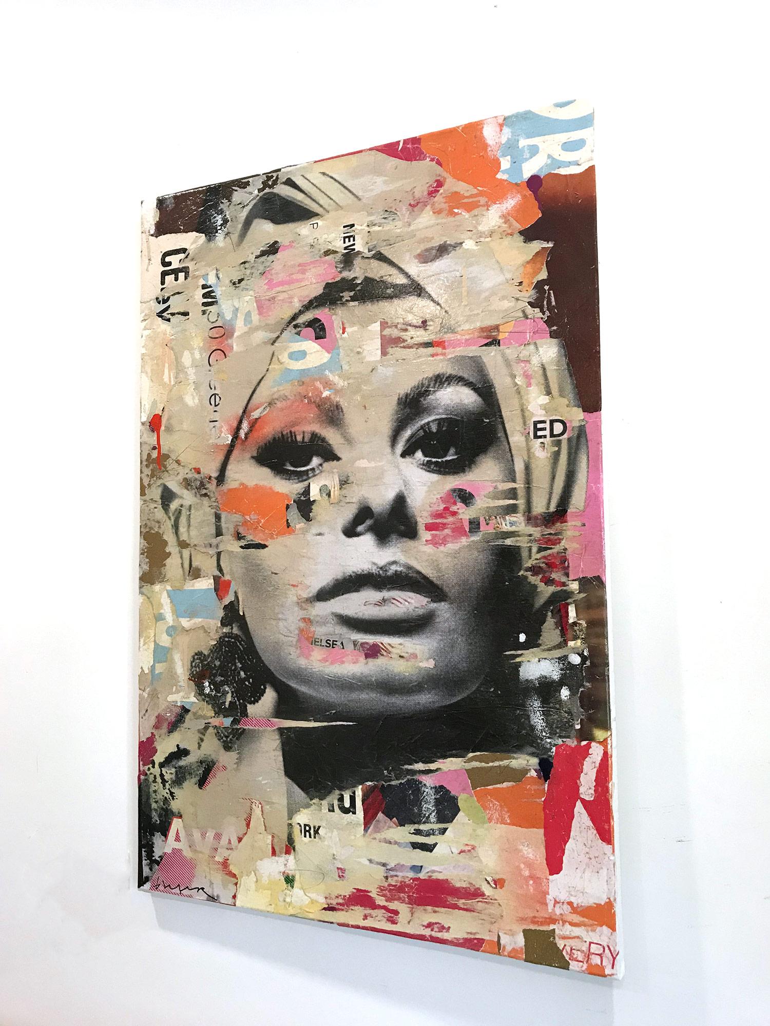 This piece depicts a famous French actress and model Sophia Loren. Done with beautiful expressive colors and a distinctive street art design, this piece pops with energy and romantic beauty. Its composition and bold collage makes a wonderful