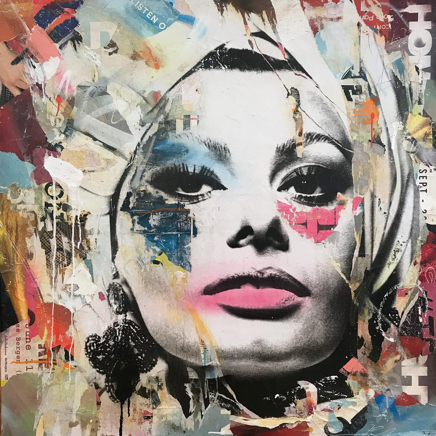 Gieler Abstract Painting - "Sophia Loren Portrait" Pop Art Street Posters Décollage Painting on Canvas