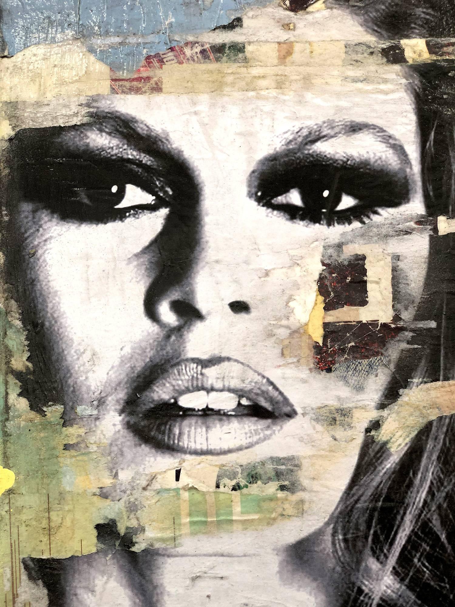 This piece depicts famous French actress and model Brigitte Bardot in a trio composition. Done with beautiful expressive colors and a distinctive street art design, this piece pops with energy and a romantic beauty. It is a large canvas that makes a