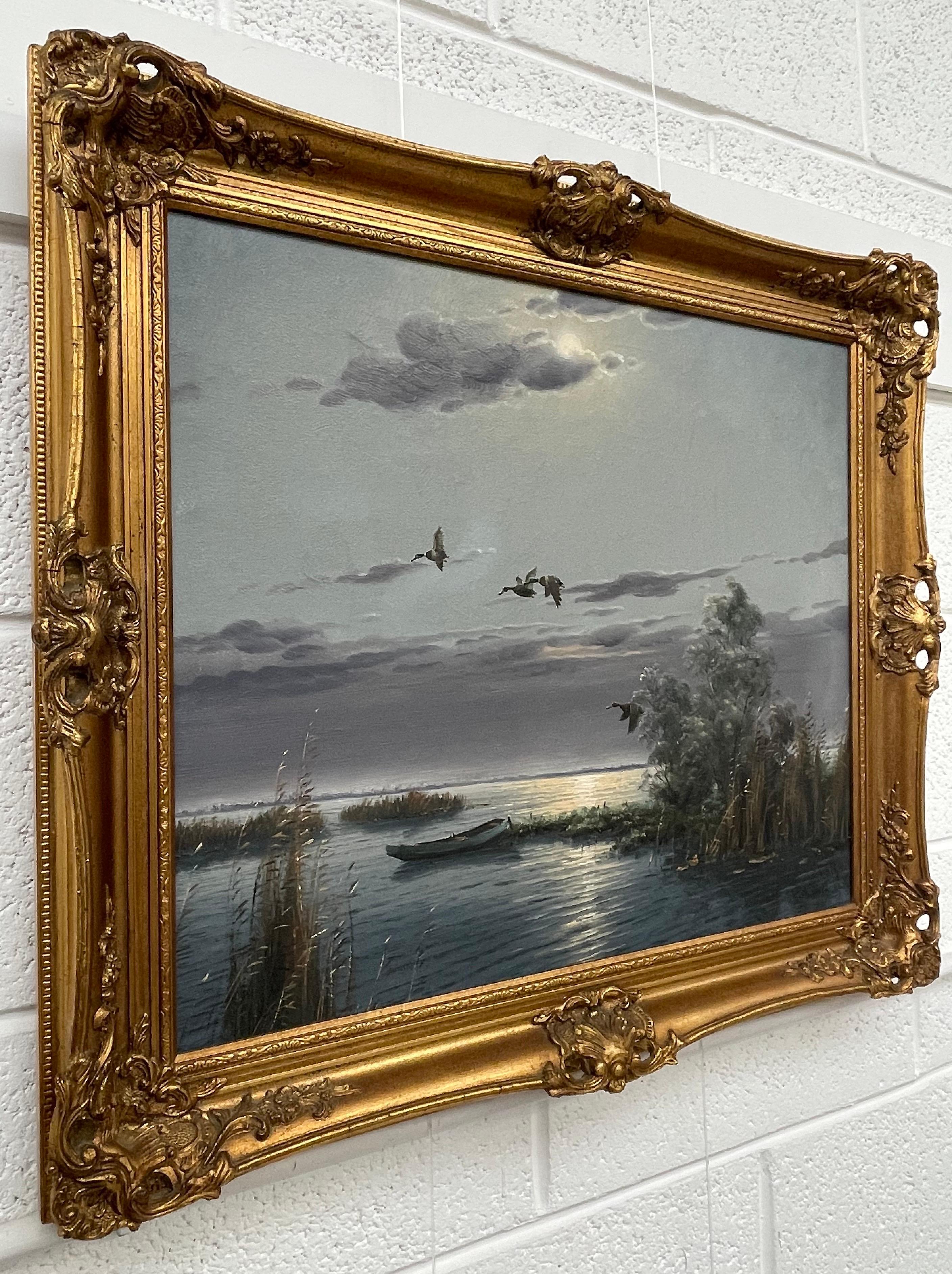 Mallard Ducks in Flight Lake Landscape Sunset by 20th Century Dutch Painter - Painting by Gien Brouwer