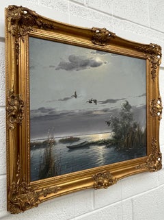 Mallard Ducks in Flight Lake Landscape Sunset by 20th Century Dutch Painter