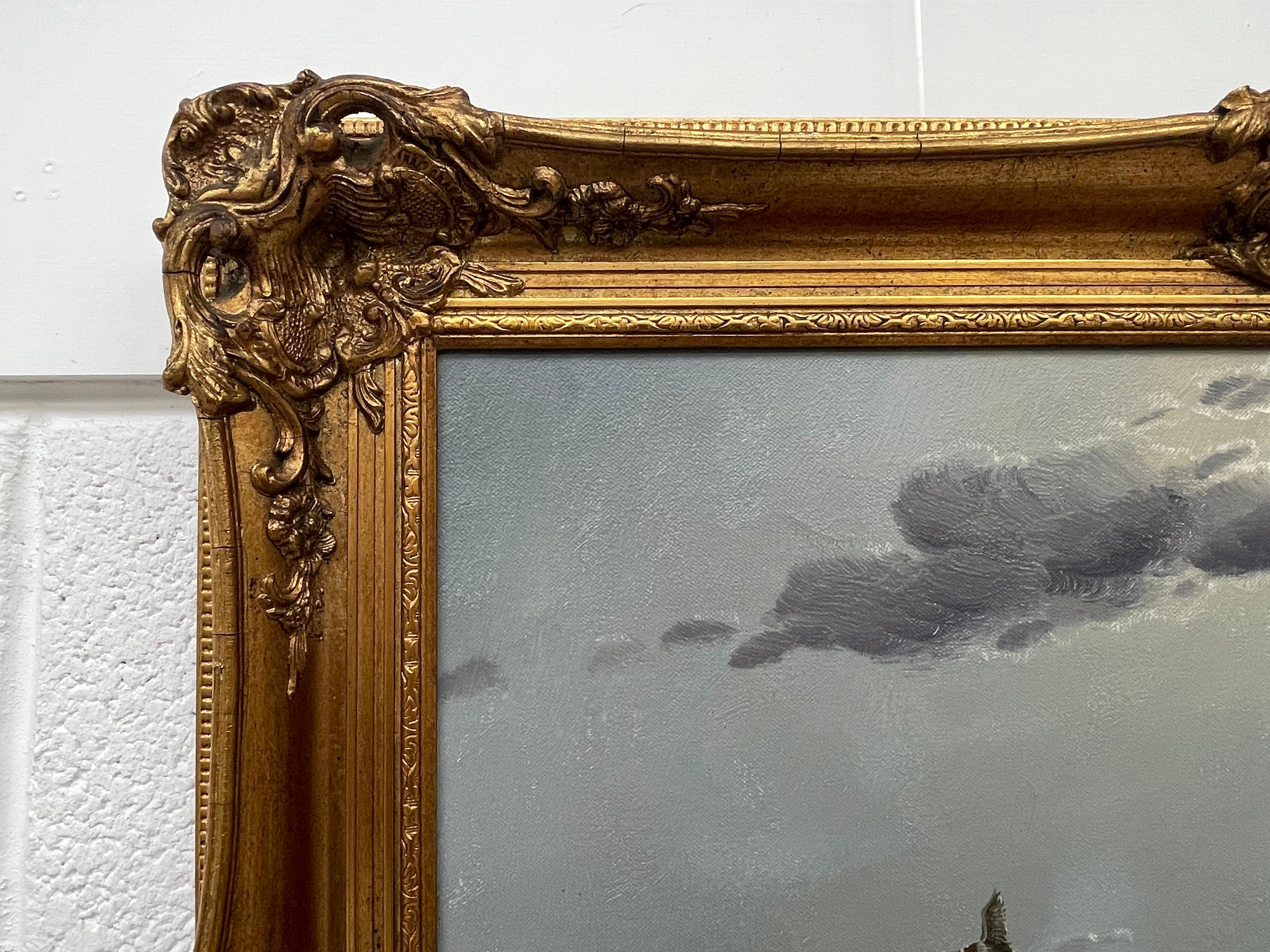 Mallard Ducks in Flight Lake Landscape Sunset by 20th Century Dutch Painter - Realist Painting by Gien Brouwer