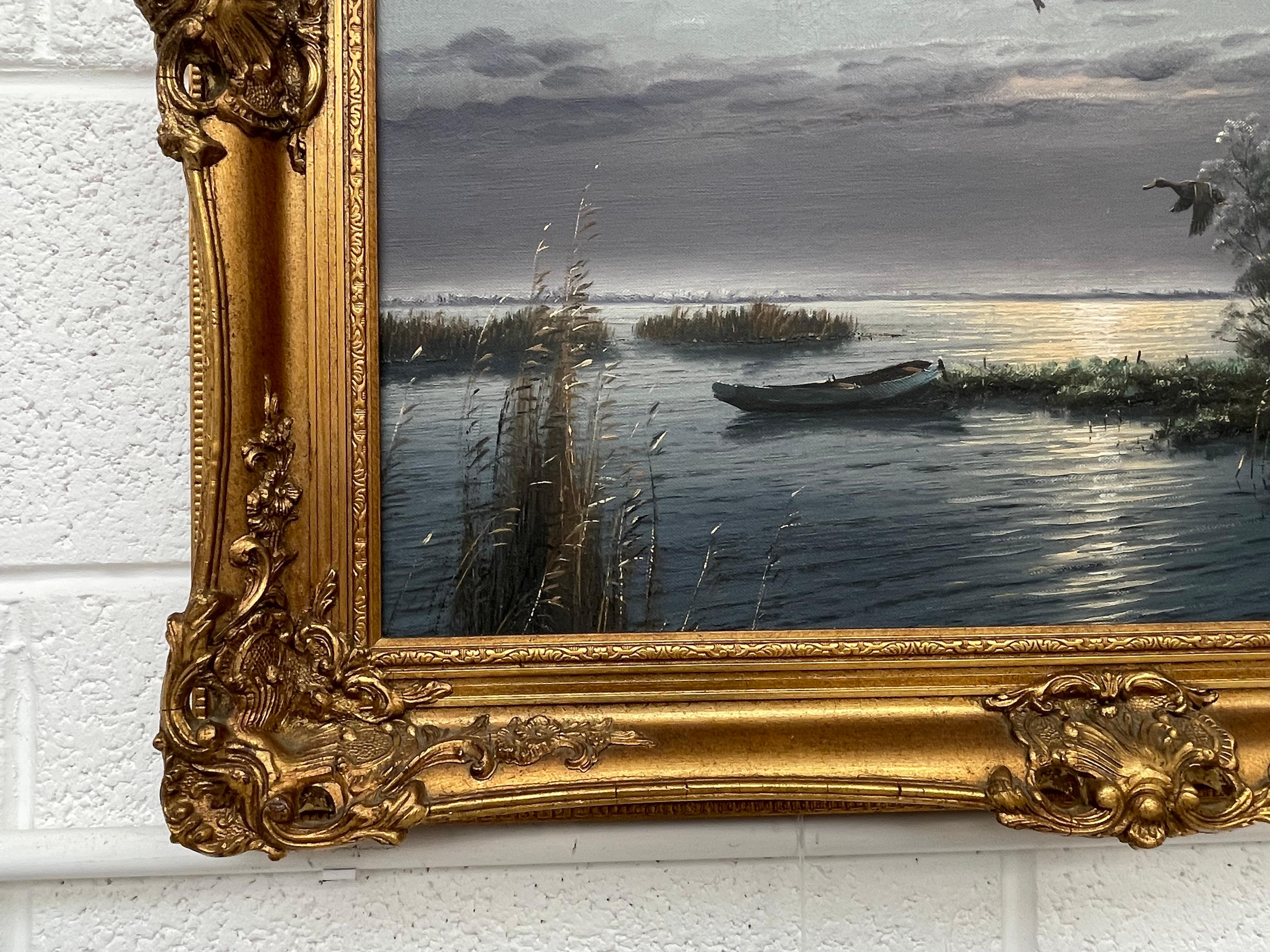 Mallard Ducks in Flight Lake Landscape Sunset by 20th Century Dutch Painter - Brown Landscape Painting by Gien Brouwer