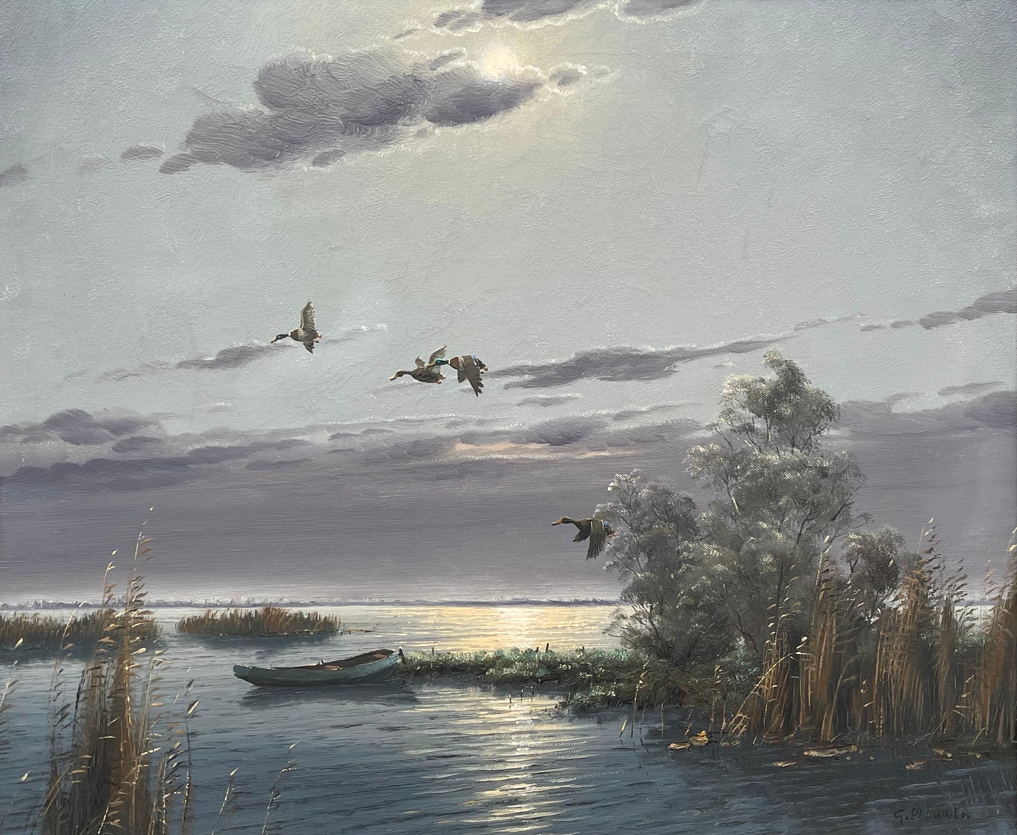 Mallard Ducks in Flight Lake Landscape Sunset by 20th Century Dutch Painter 1