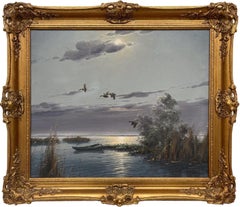 Mallard Ducks in Flight Lake Landscape Sunset by 20th Century Dutch Painter