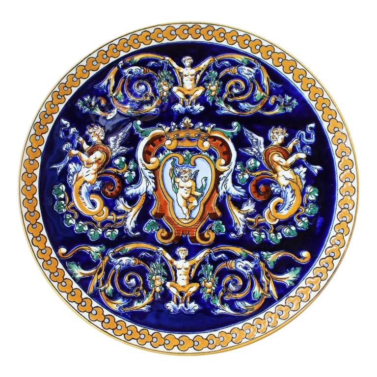 Gien Faience Decorative Plate Hand Painted in Dark Blue and Yellow