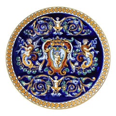 Antique Gien Faience Decorative Plate Hand Painted in Dark Blue and Yellow
