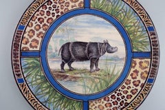 Gien, France, Large Savane Porcelain Dish with Hand-Painted Rhinoceros