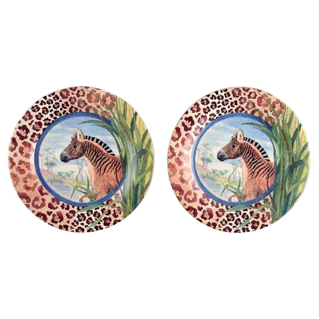 Gien, France, Two Savane Porcelain Plates with Hand-Painted Zebras