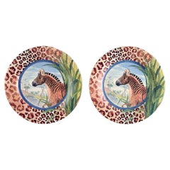 Gien, France, Two Savane Porcelain Plates with Hand-Painted Zebras