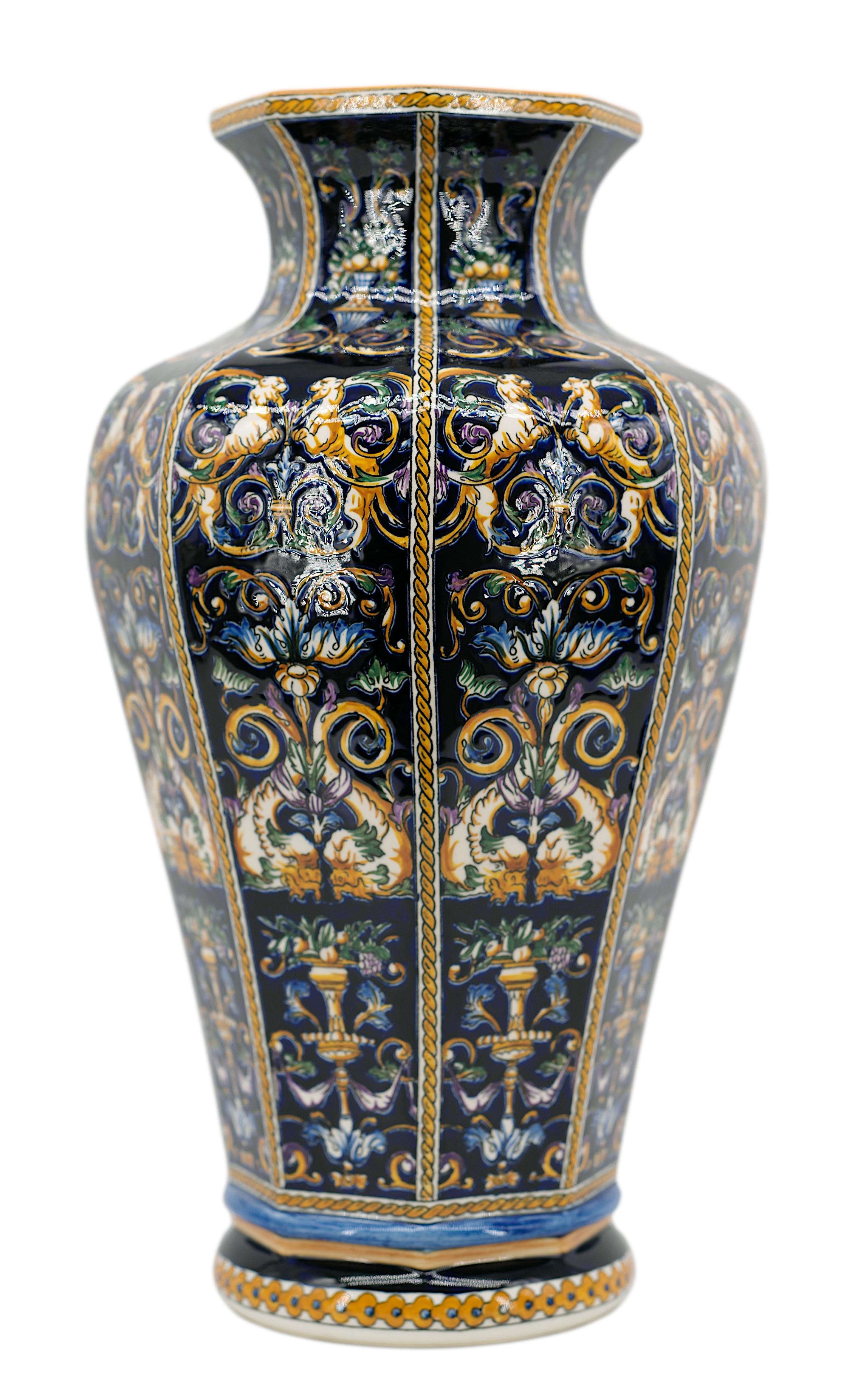 Hand-Painted GIEN French Baluster Vase with Renaissance Majolica Decor, 1970s For Sale