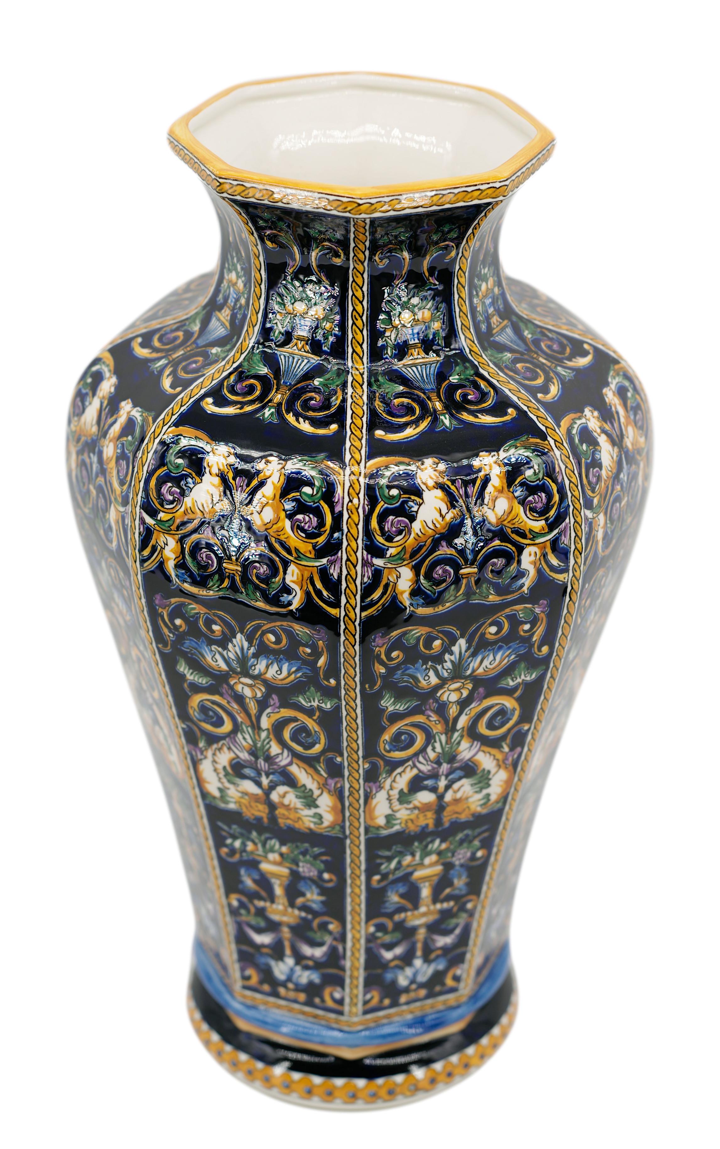 Earthenware GIEN French Baluster Vase with Renaissance Majolica Decor, 1970s For Sale