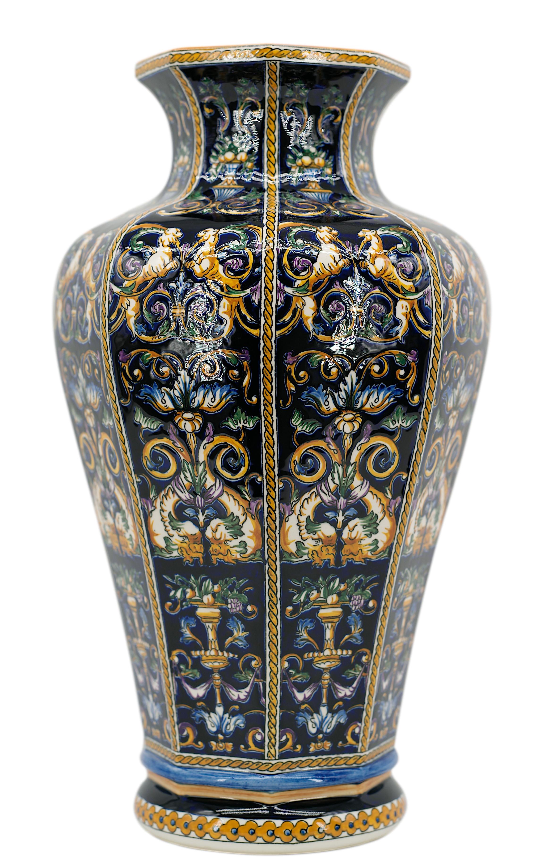 Hand-Painted GIEN French Baluster Vase with Renaissance Majolica Decor, 1970s For Sale