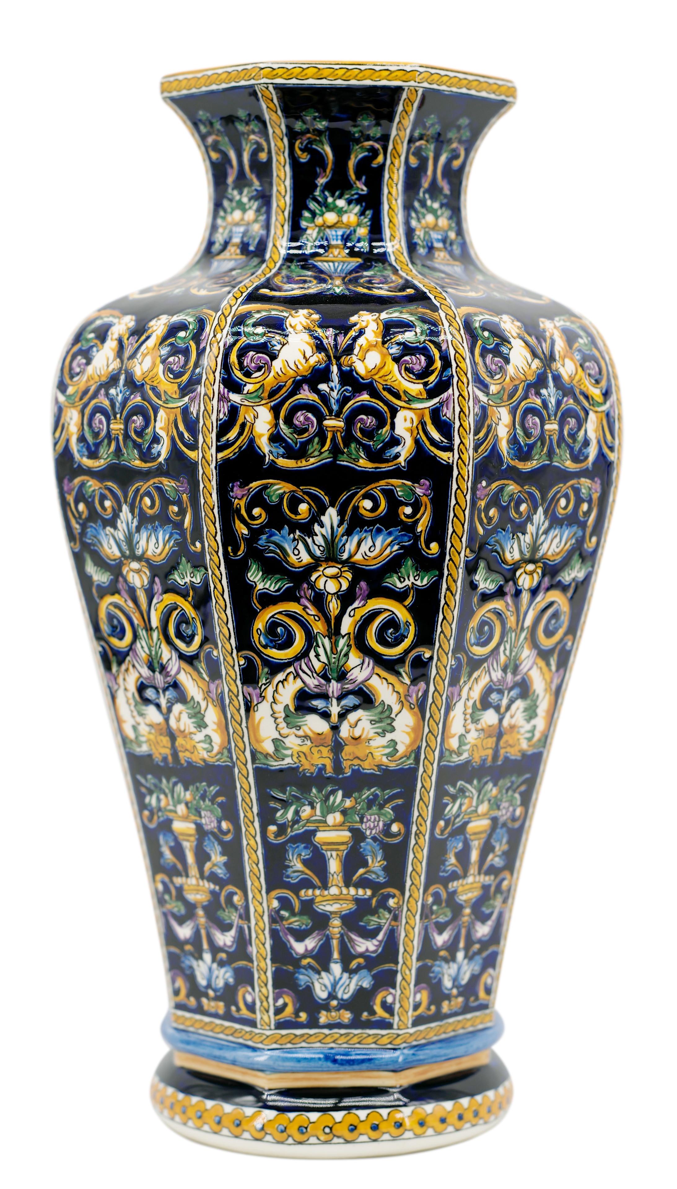 Late 20th Century GIEN French Baluster Vase with Renaissance Majolica Decor, 1970s For Sale