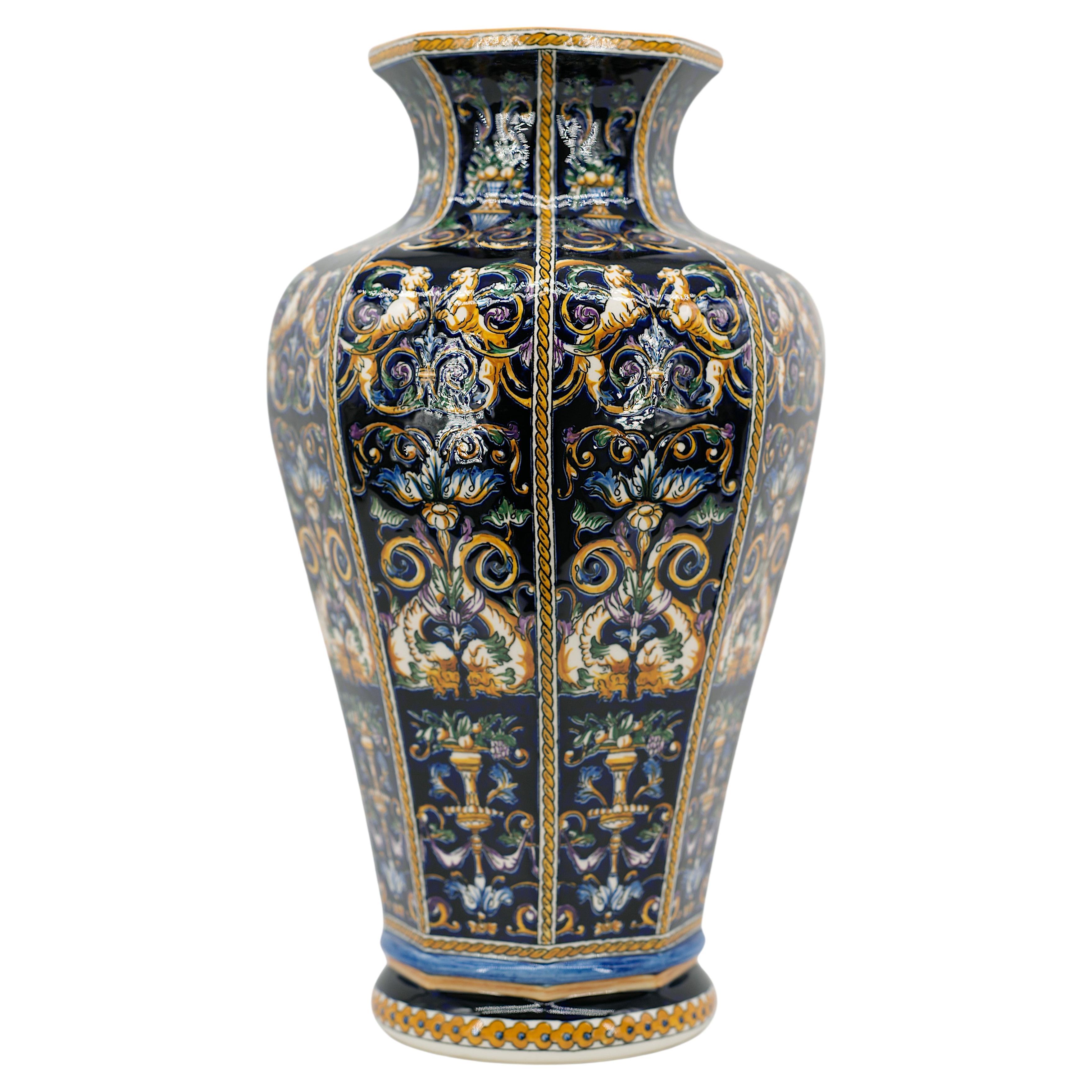 GIEN French Baluster Vase with Renaissance Majolica Decor, 1970s For Sale