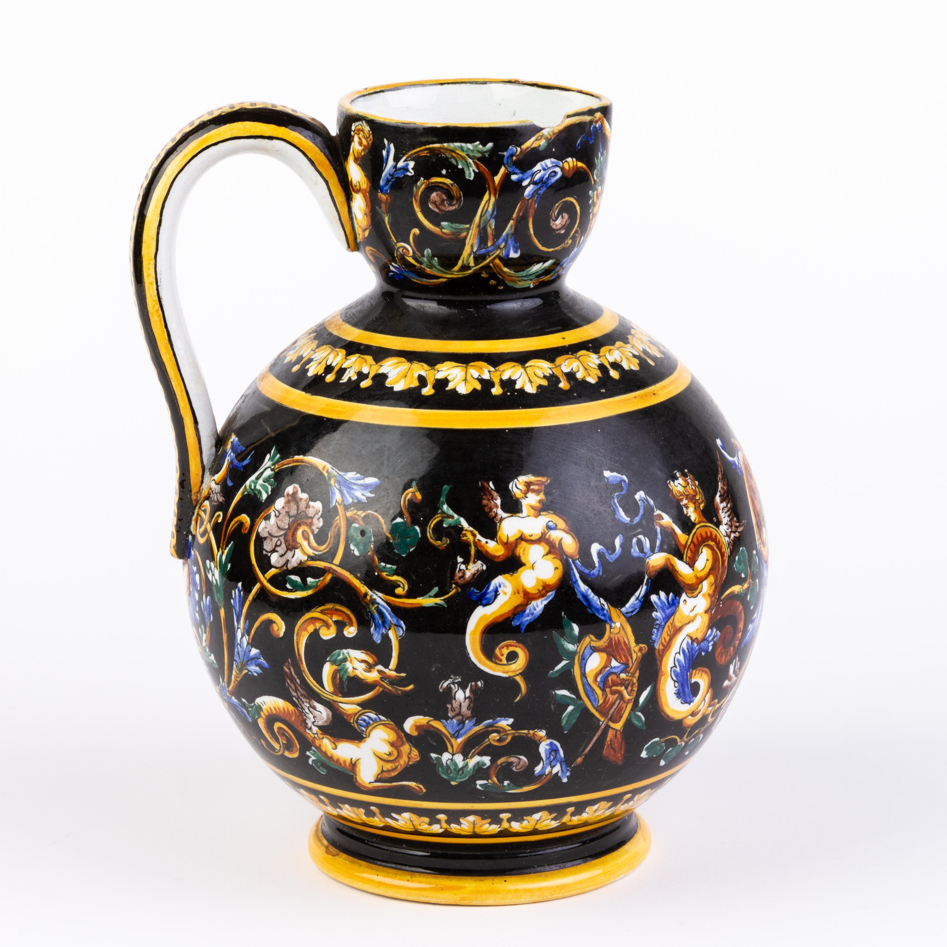 Polychromed Gien French Faience Glazed Majolica Neoclassical Ewer Pitcher Jug 19th Century For Sale