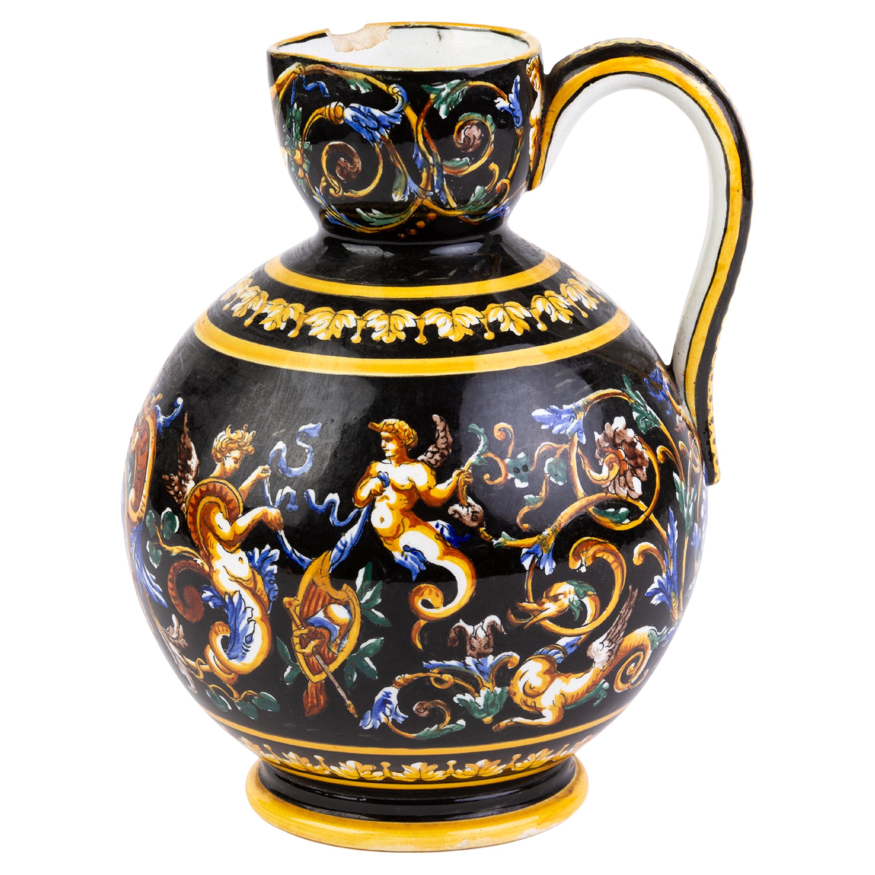Gien French Faience Glazed Majolica Neoclassical Ewer Pitcher Jug 19th Century For Sale