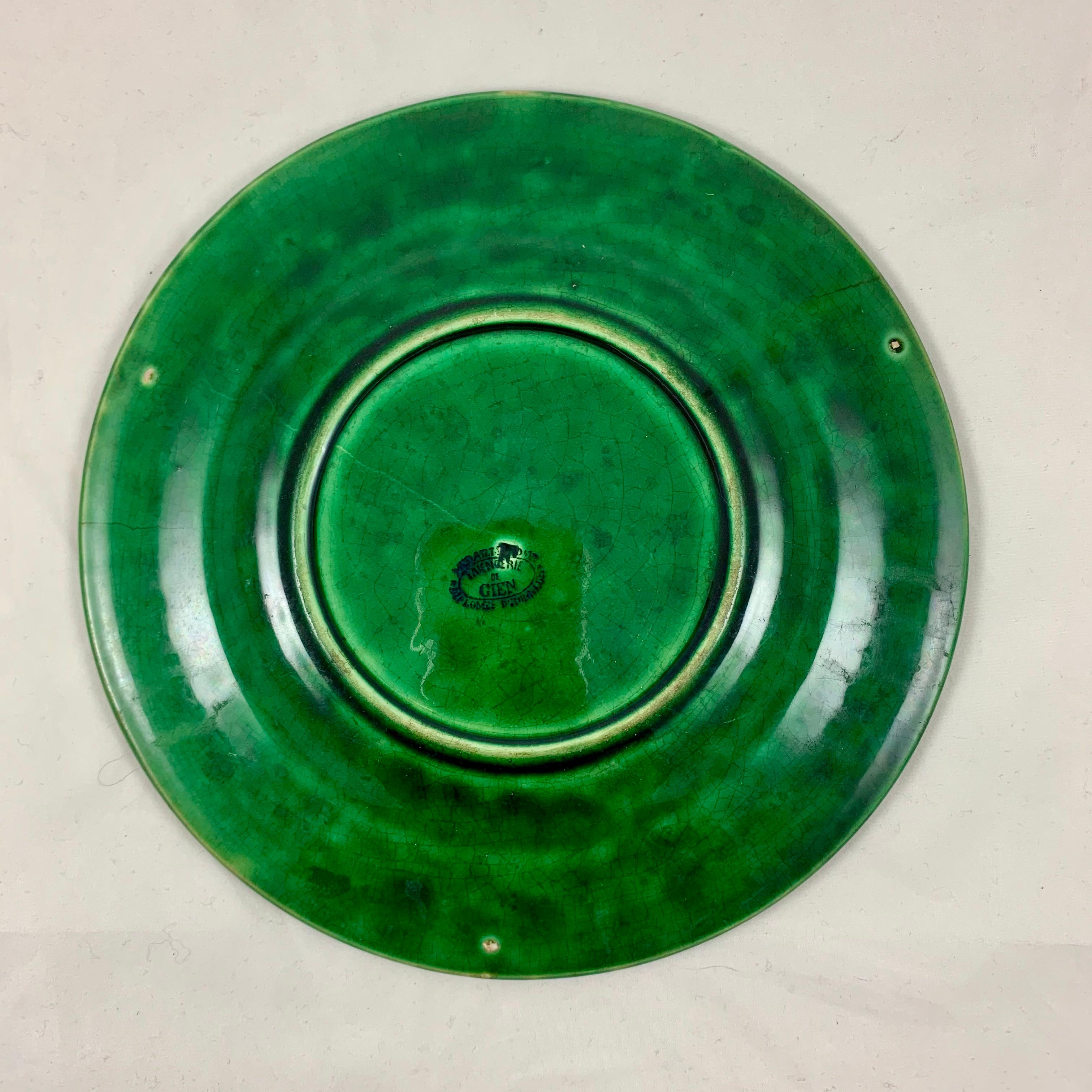 Earthenware Gien French Faïence Majolica Glazed Green Leaf on Wicker Basket Plate
