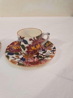 Gien French Hand-Painted Faience "Pivoines" Set of Two Coffee Cups and Saucers