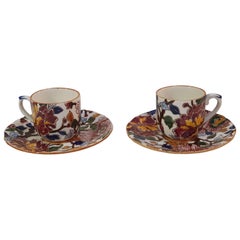 Gien French Hand-Painted Faience "Pivoines" Set of Two Coffee Cups and Saucers