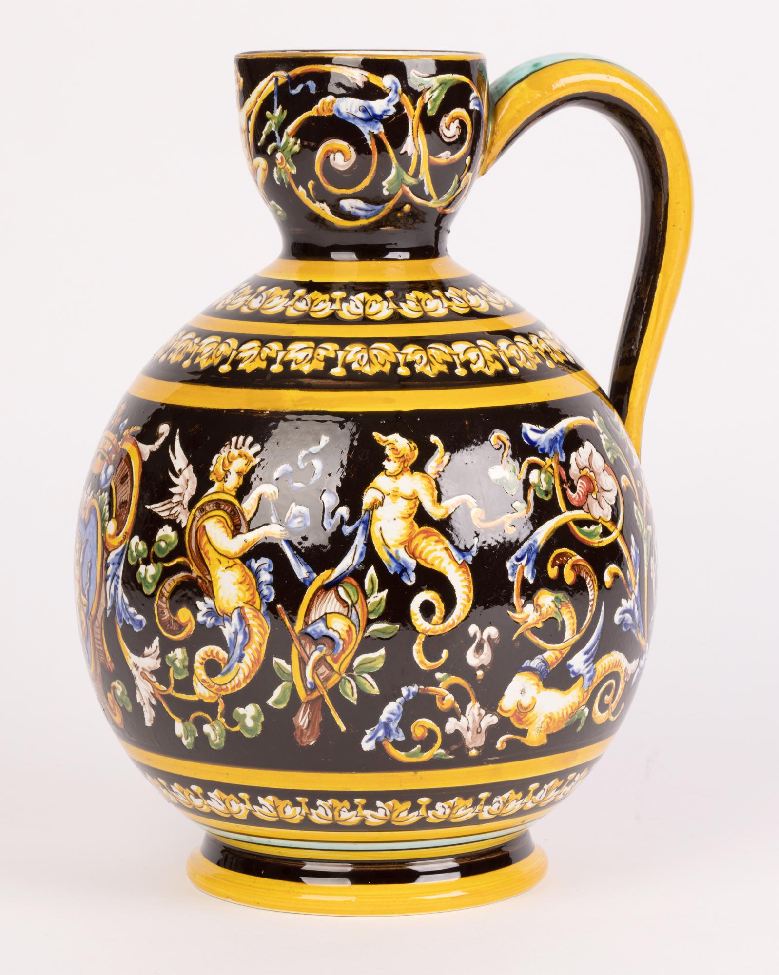 Gien French Majolica Glazed Neo-Classical Figural Pattern Art Pottery Jug 7