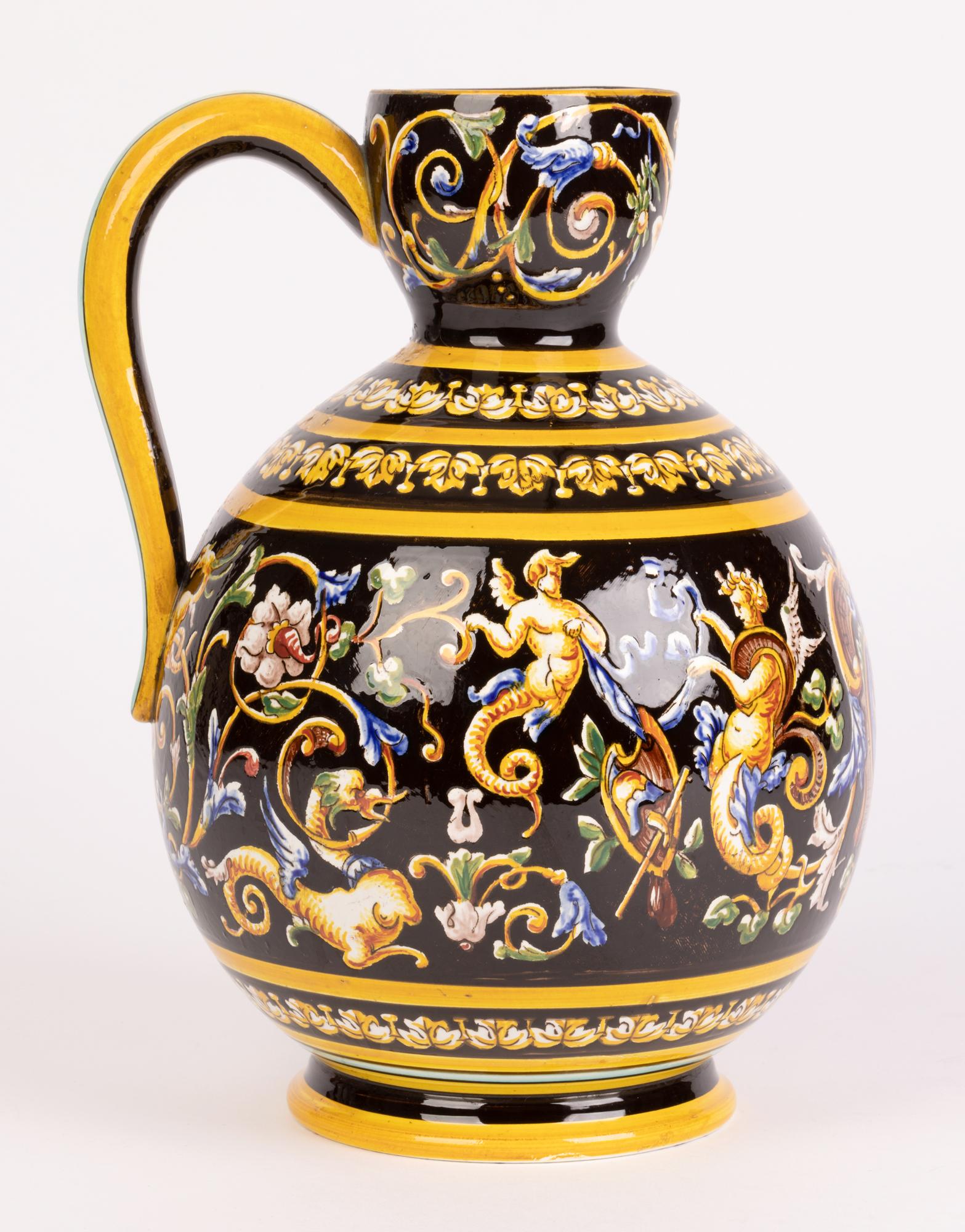 Gien French Majolica Glazed Neo-Classical Figural Pattern Art Pottery Jug 9