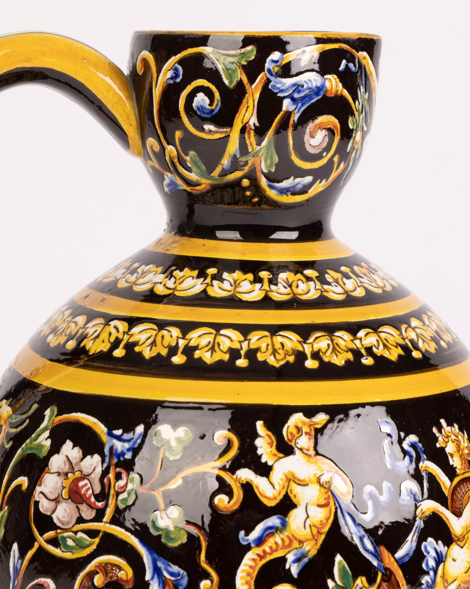 Gien French Majolica Glazed Neo-Classical Figural Pattern Art Pottery Jug 12