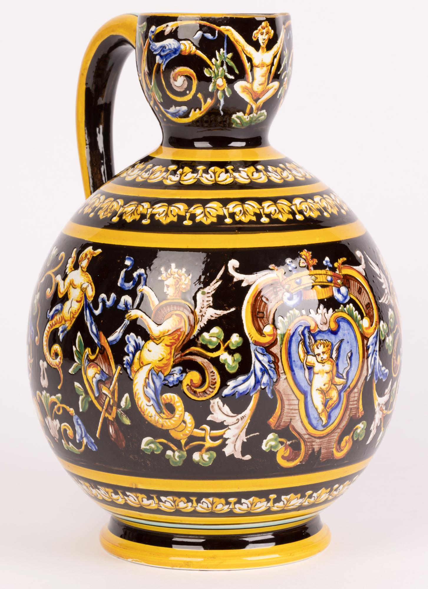 Neoclassical Revival Gien French Majolica Glazed Neo-Classical Figural Pattern Art Pottery Jug