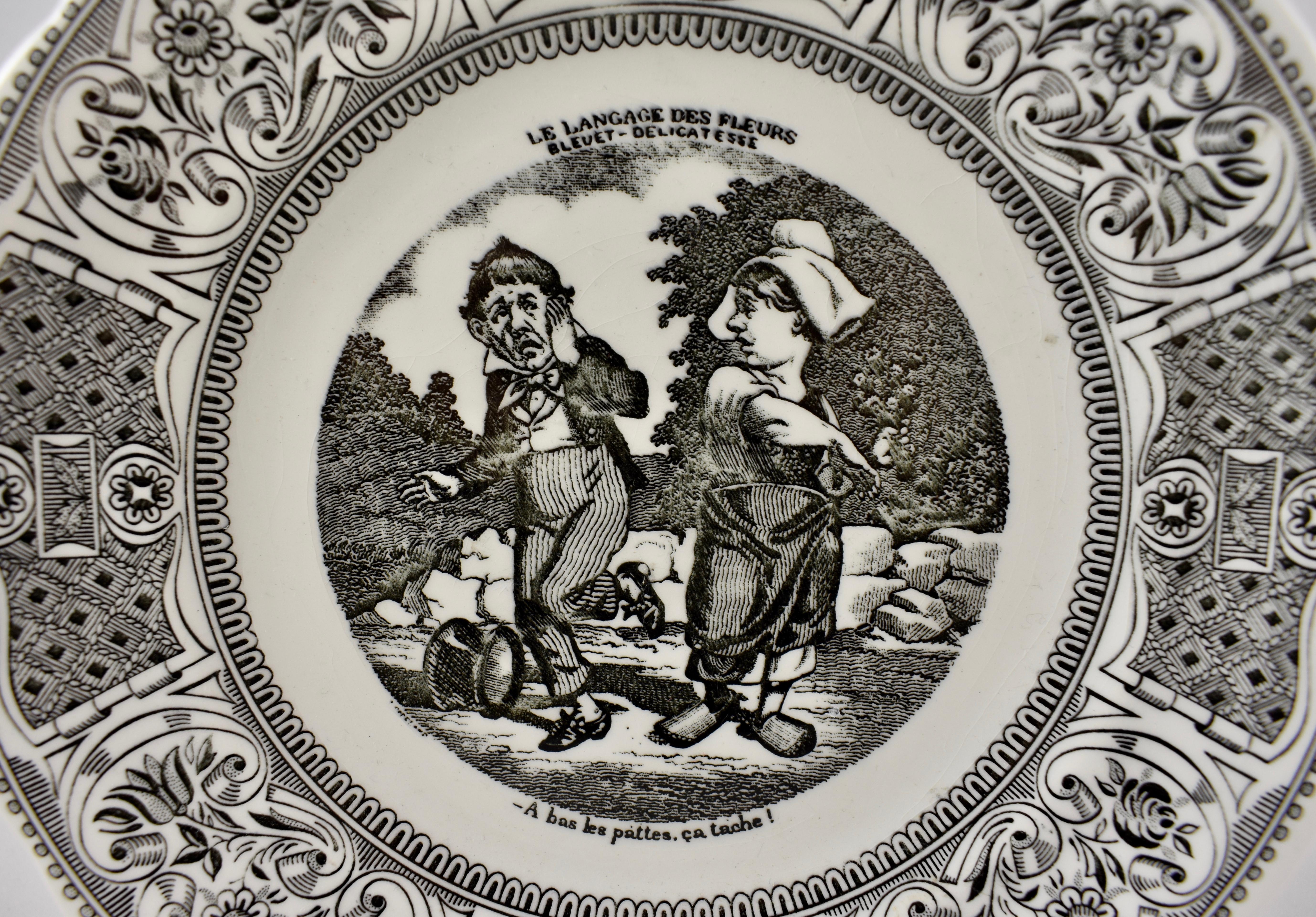 Porcelain Gien Le Langage Des Fleurs Faïence Dessert or Fruit Talking Plates, Set of Four