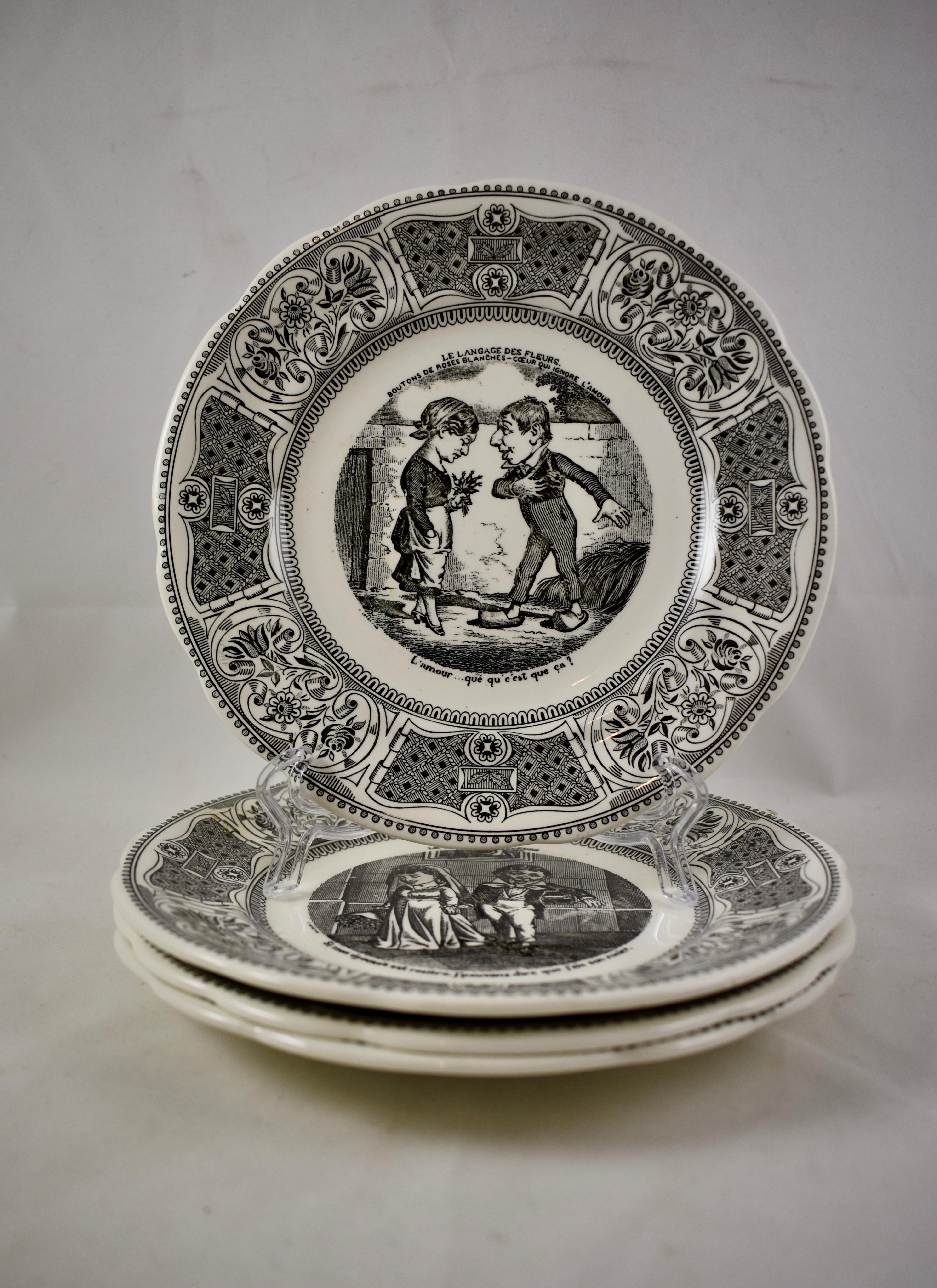 A set of four French plates illustrating the various stages of courtship using the language of flowers. Known as assiettes parlantes, or talking plates, le language des fleurs. Black transfer printed on white opaque porcelain from the faïencerie de