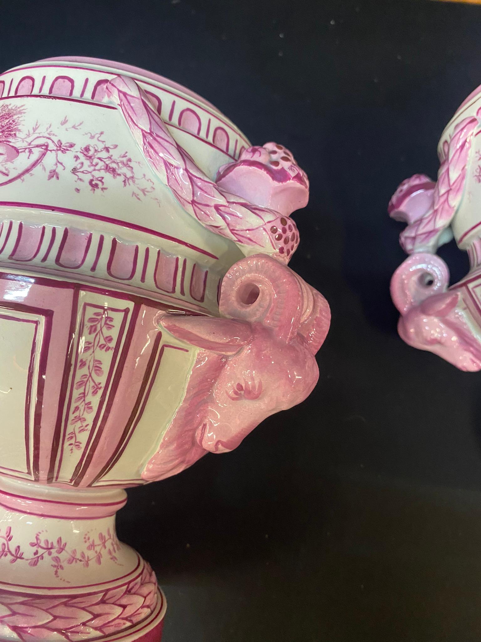 Gien, Pair of Covered Jars Decorated in Pink on a Cream Background For Sale 4