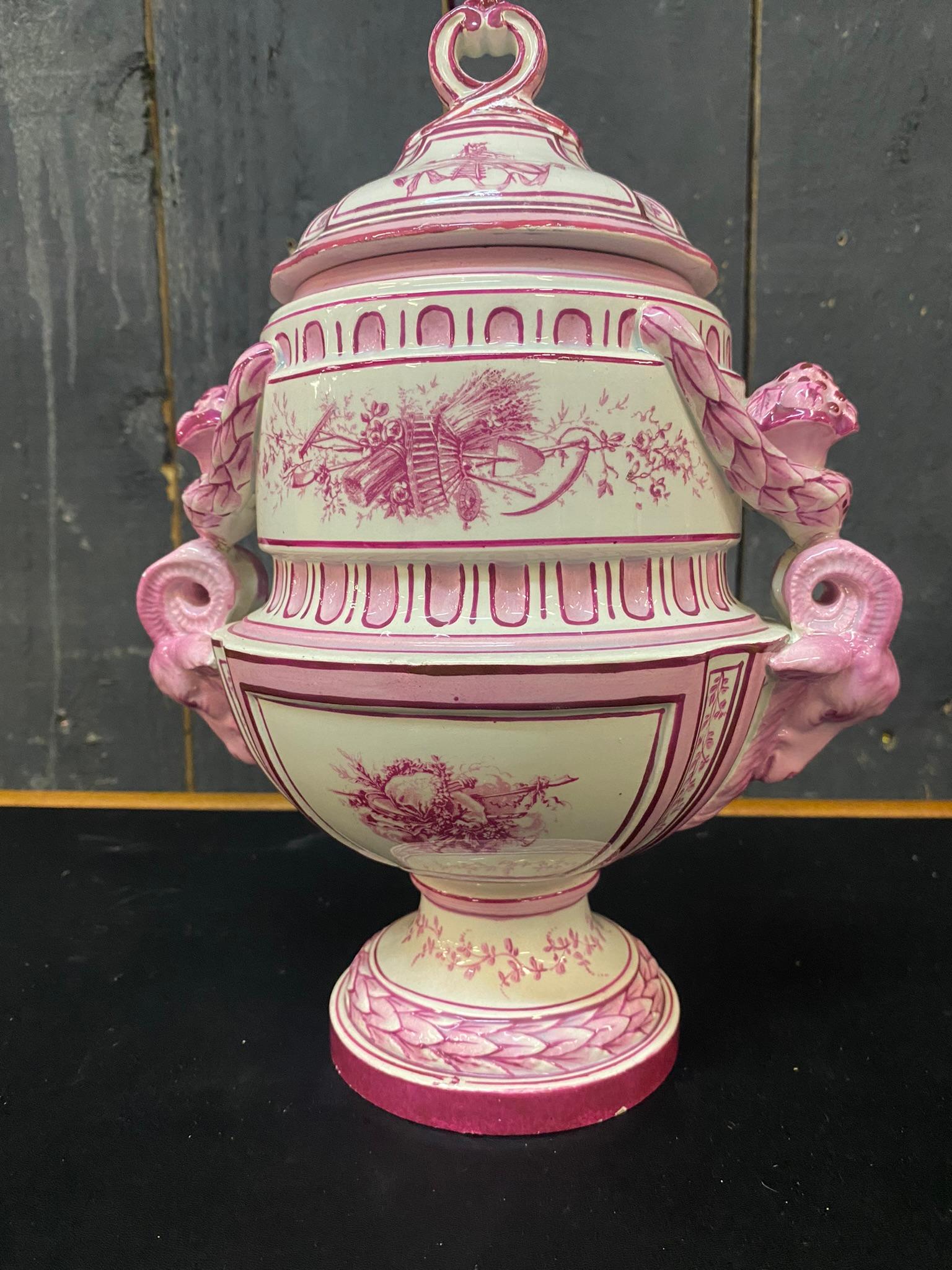 Gien, Pair of Covered Jars Decorated in Pink on a Cream Background 5