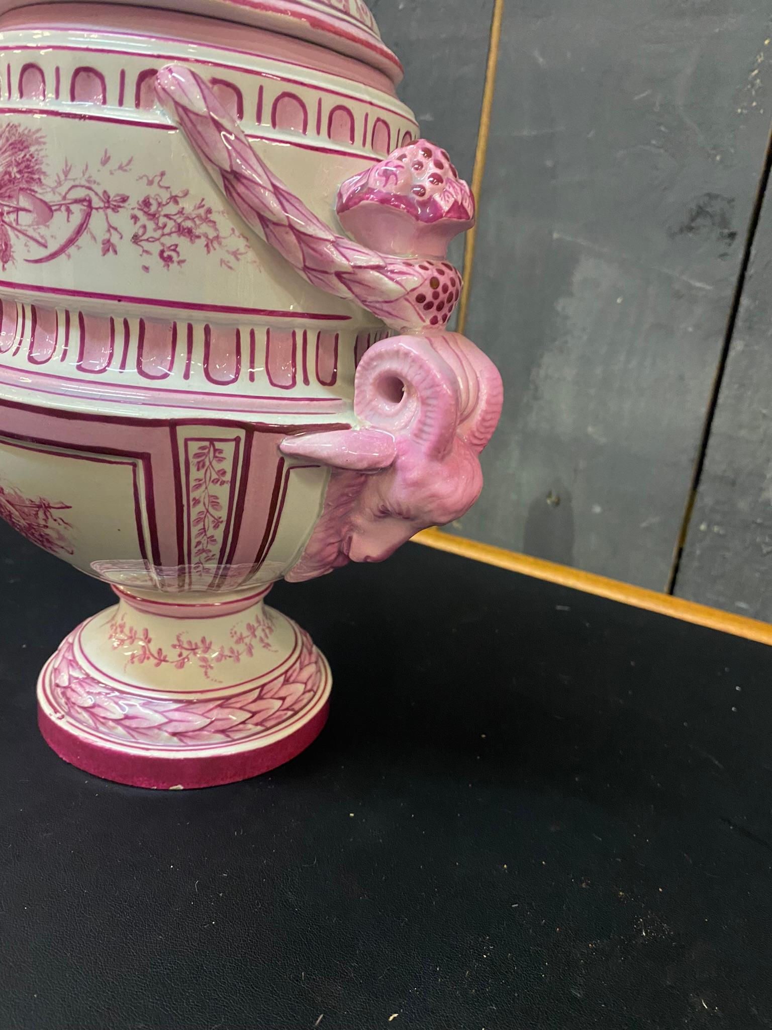 Gien, Pair of Covered Jars Decorated in Pink on a Cream Background 6