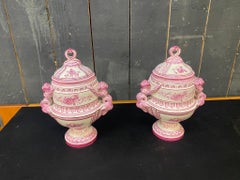 Gien, Pair of Covered Jars Decorated in Pink on a Cream Background