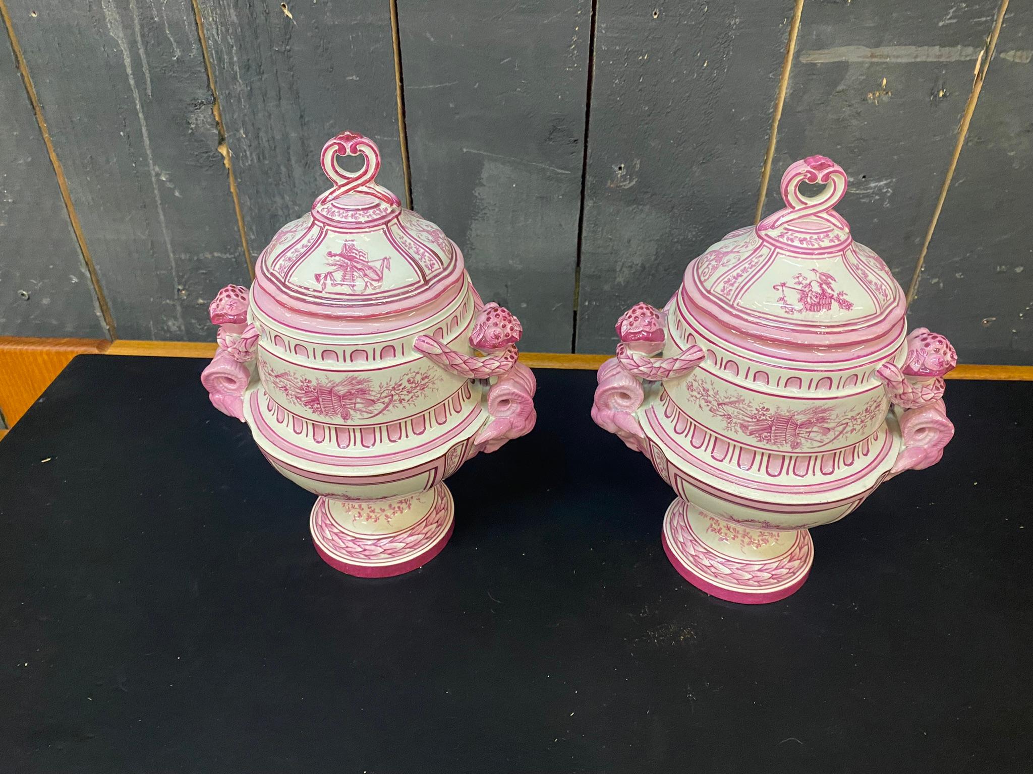 Napoleon III Gien, Pair of Covered Jars Decorated in Pink on a Cream Background For Sale