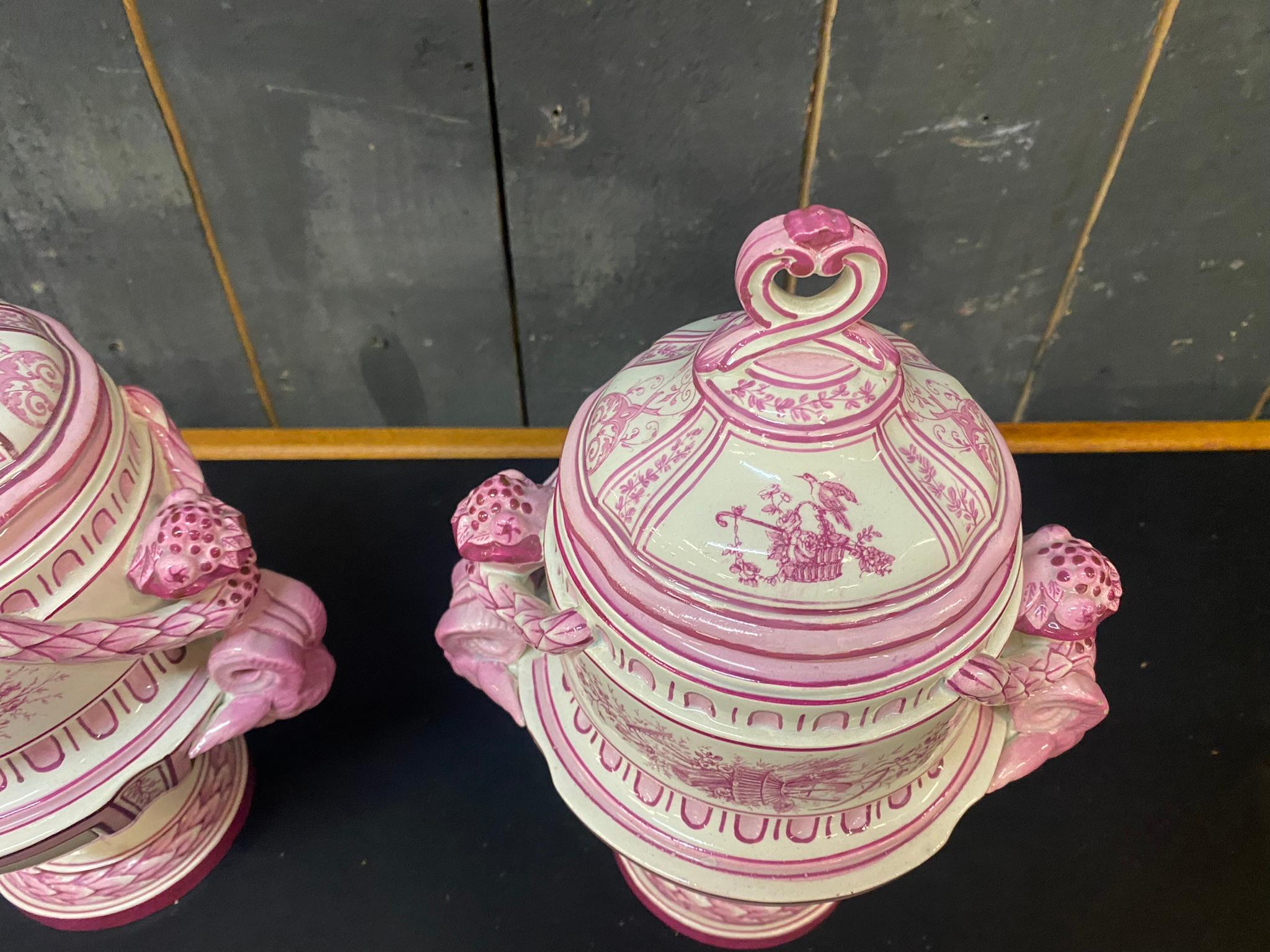 French Gien, Pair of Covered Jars Decorated in Pink on a Cream Background For Sale