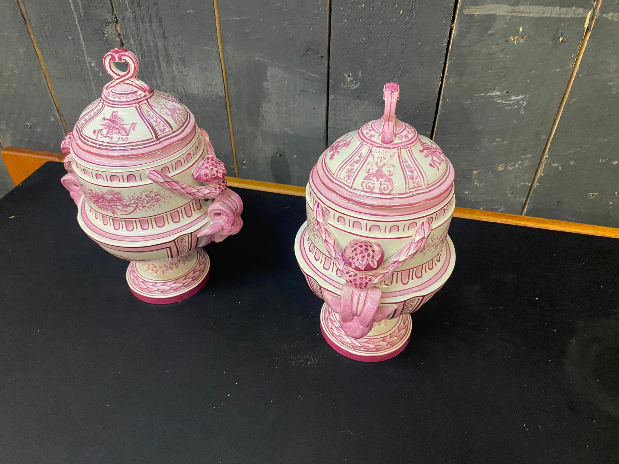 Late 19th Century Gien, Pair of Covered Jars Decorated in Pink on a Cream Background For Sale