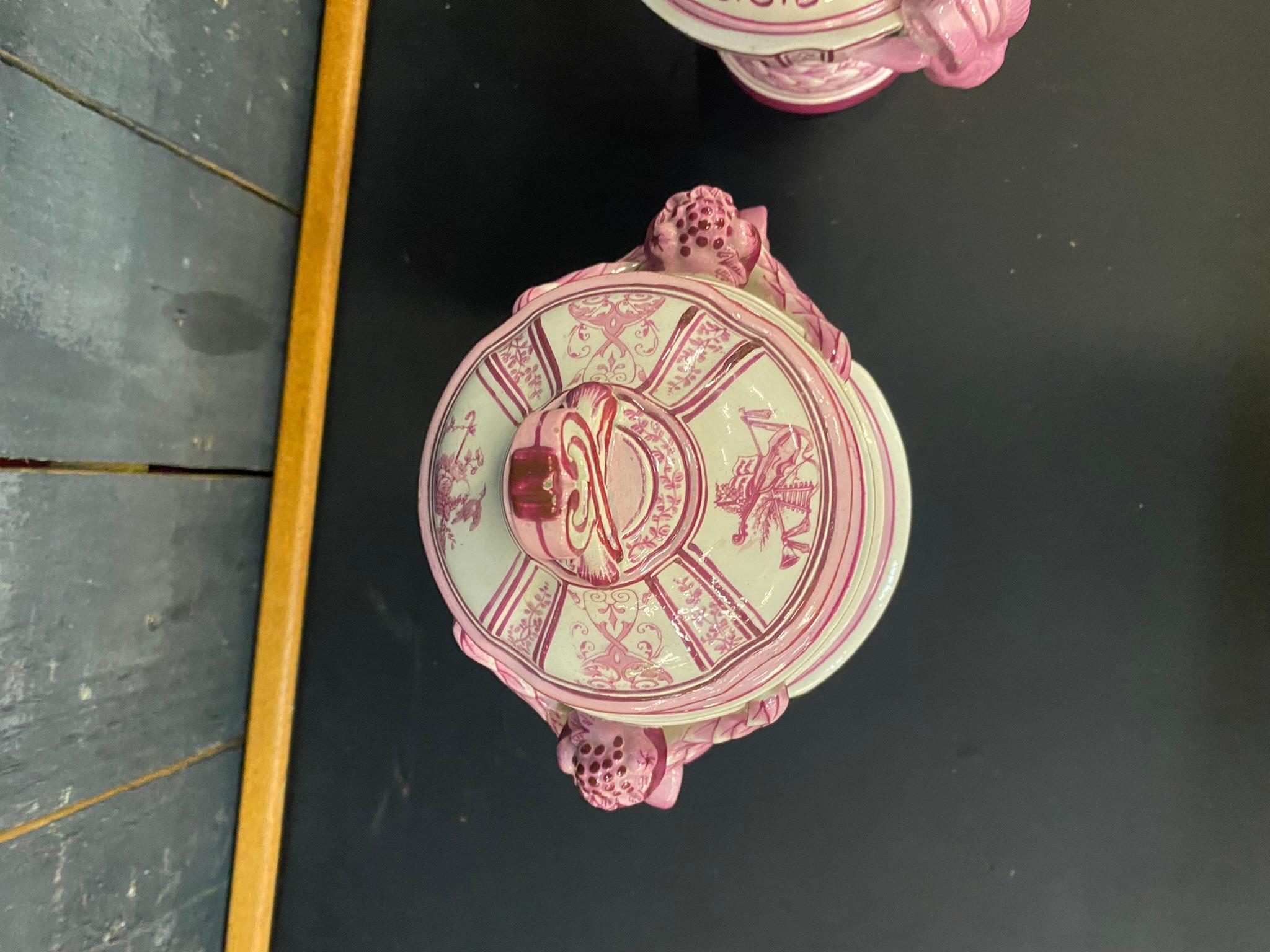 Ceramic Gien, Pair of Covered Jars Decorated in Pink on a Cream Background