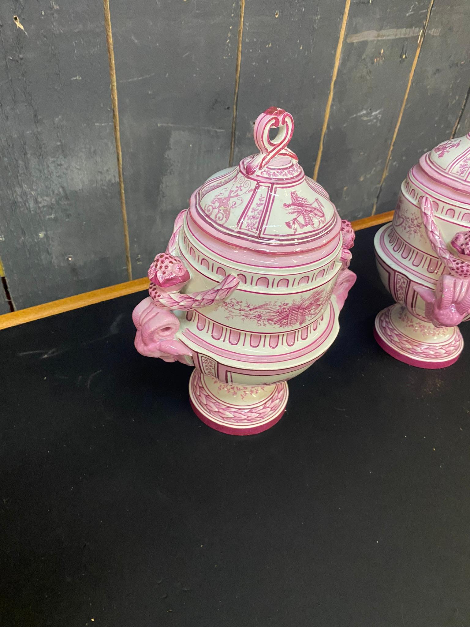 Gien, Pair of Covered Jars Decorated in Pink on a Cream Background For Sale 1