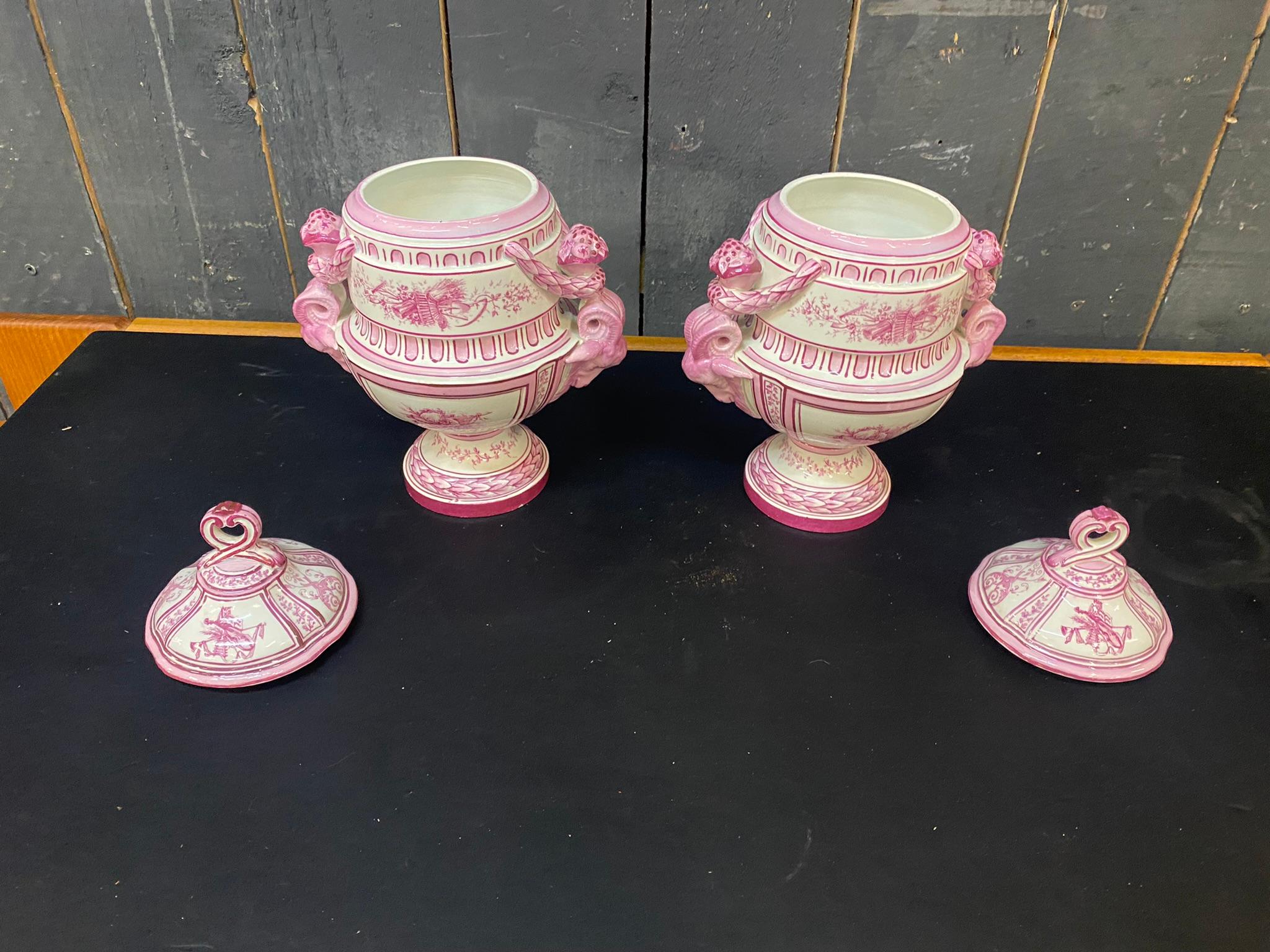 Gien, Pair of Covered Jars Decorated in Pink on a Cream Background For Sale 2