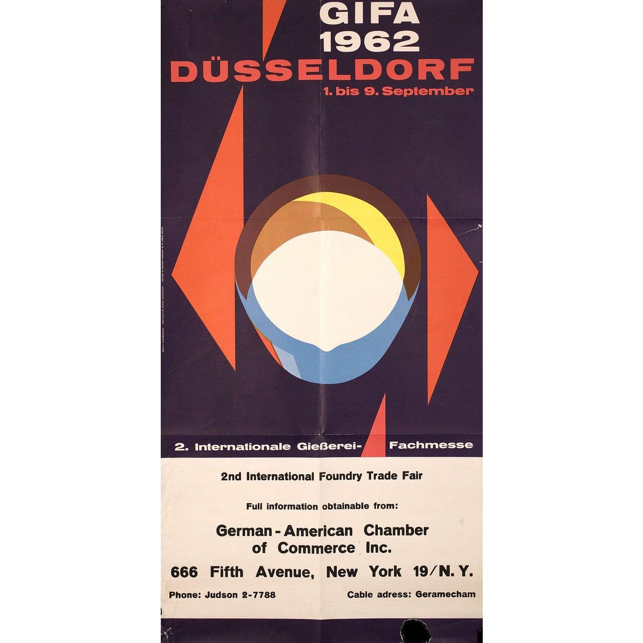 Affiche originale allemande de 1962 réalisée par Wolf Zimmerman pour la GIFA de Düsseldorf, (1962). Très bon état, plié. De nombreuses affiches originales ont été publiées pliées ou ont été pliées par la suite. Veuillez noter que la taille est