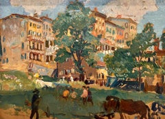 Pintor estadounidense, Gifford Beal, "Rowhouses" Pintura de paisaje con figuras