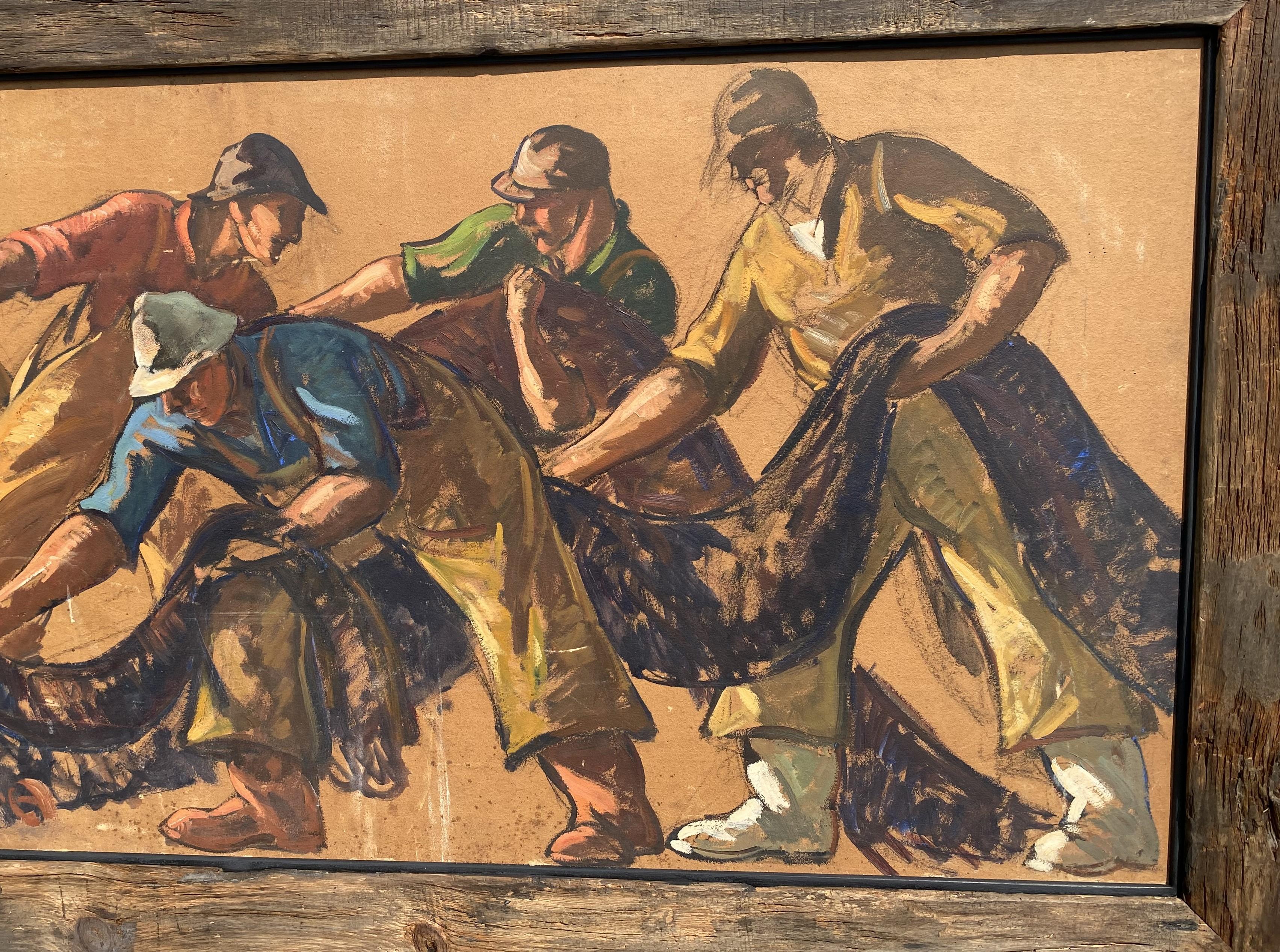 Maravillosa y enorme pintura de la WPA sobre pescadores faenando en las redes, obra del artista estadounidense Gifford Beal (1879-1956). Beal nació en Nueva York Hijo del paisajista William Reynolds Beal, Gifford Beal empezó a estudiar en la Escuela