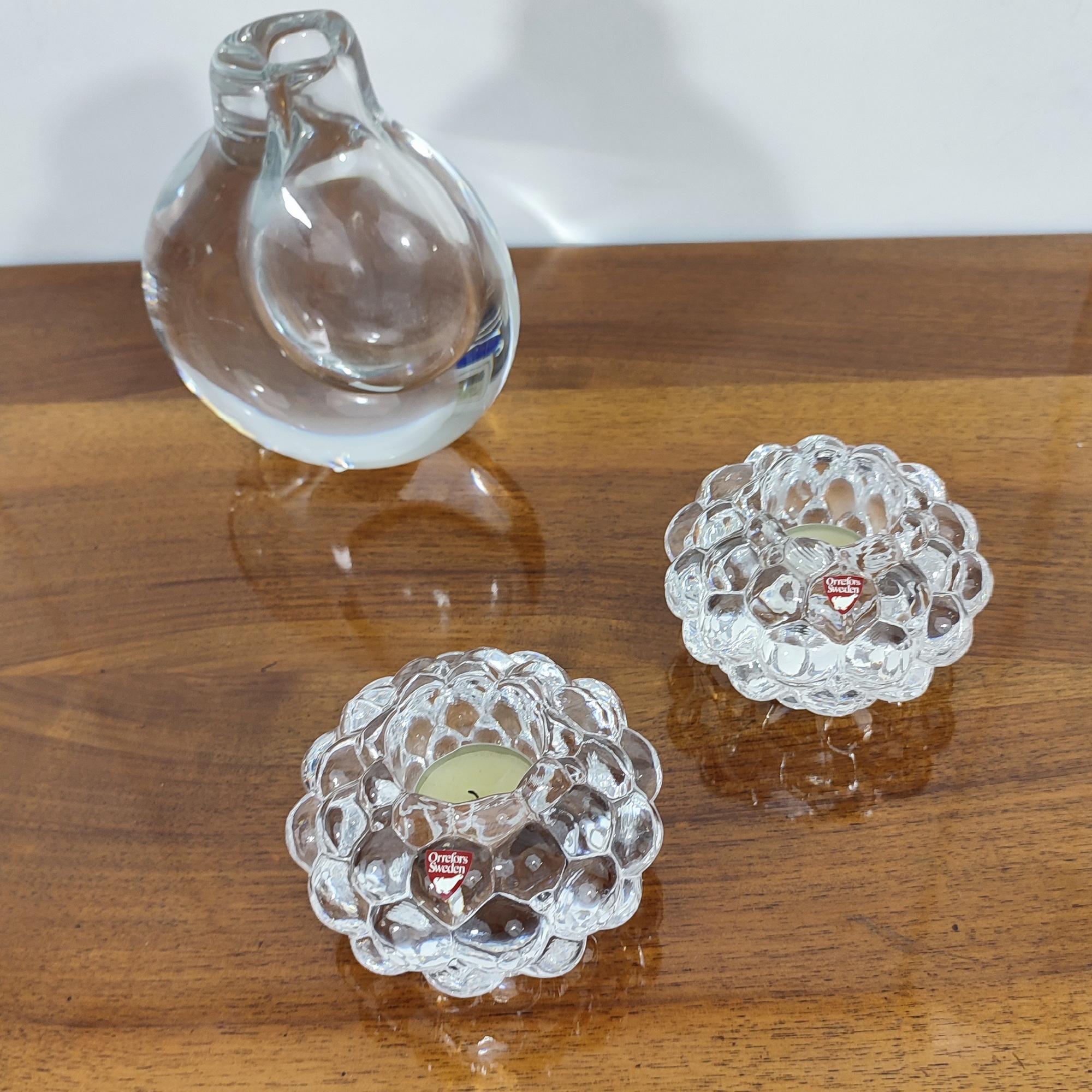 Scandinavian Modern GIFT IDEA - Orrefors Anne Nilsson Pair Candle Holders Scandinavian Crystal Art For Sale