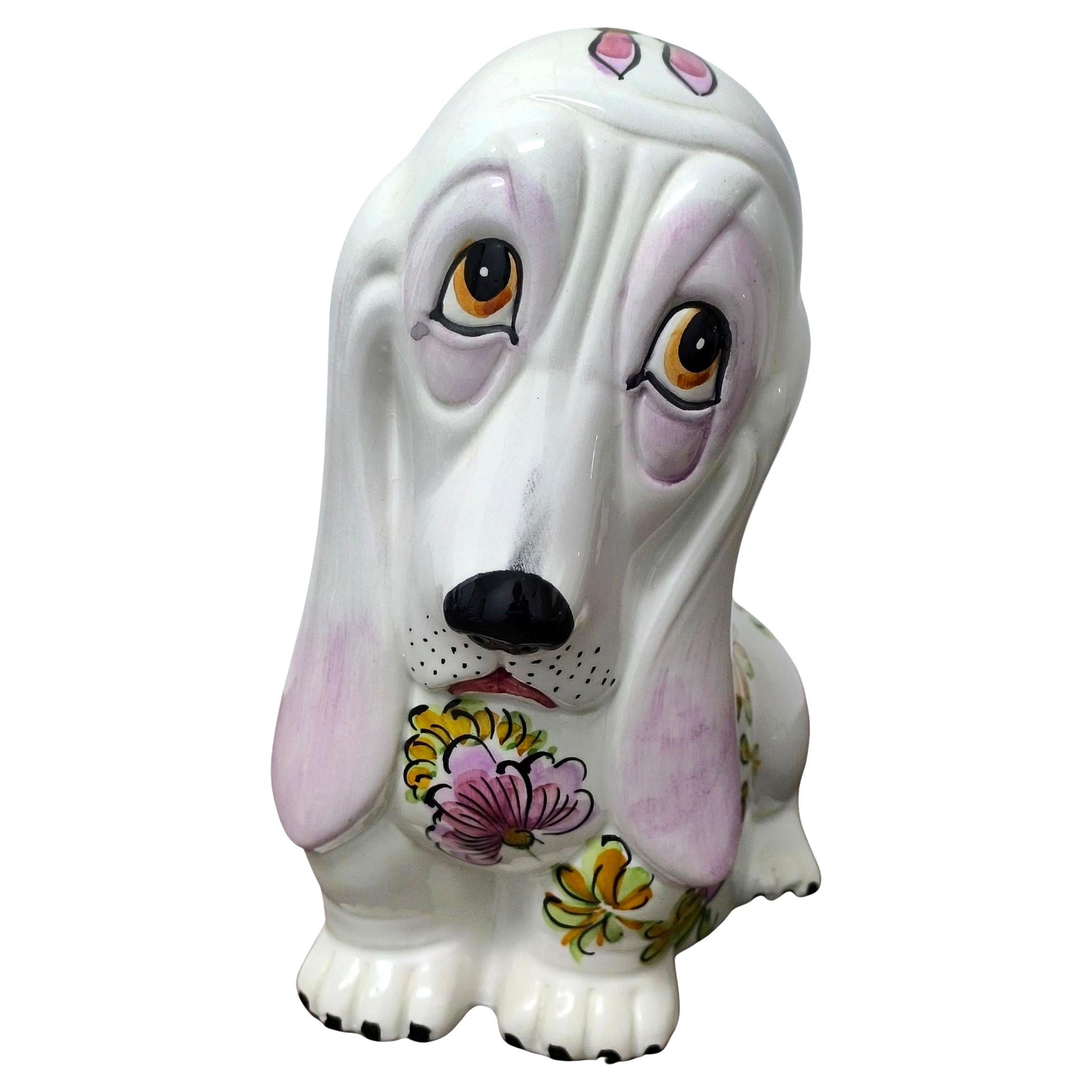 IDEA- Figurine Basset Hound en céramique du milieu du siècle avec motif floral