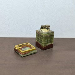 HOLIDAY GIFT- Mid-Century Onyx and Brass Desk Set Lighter & Ashtray, Italy 1960s