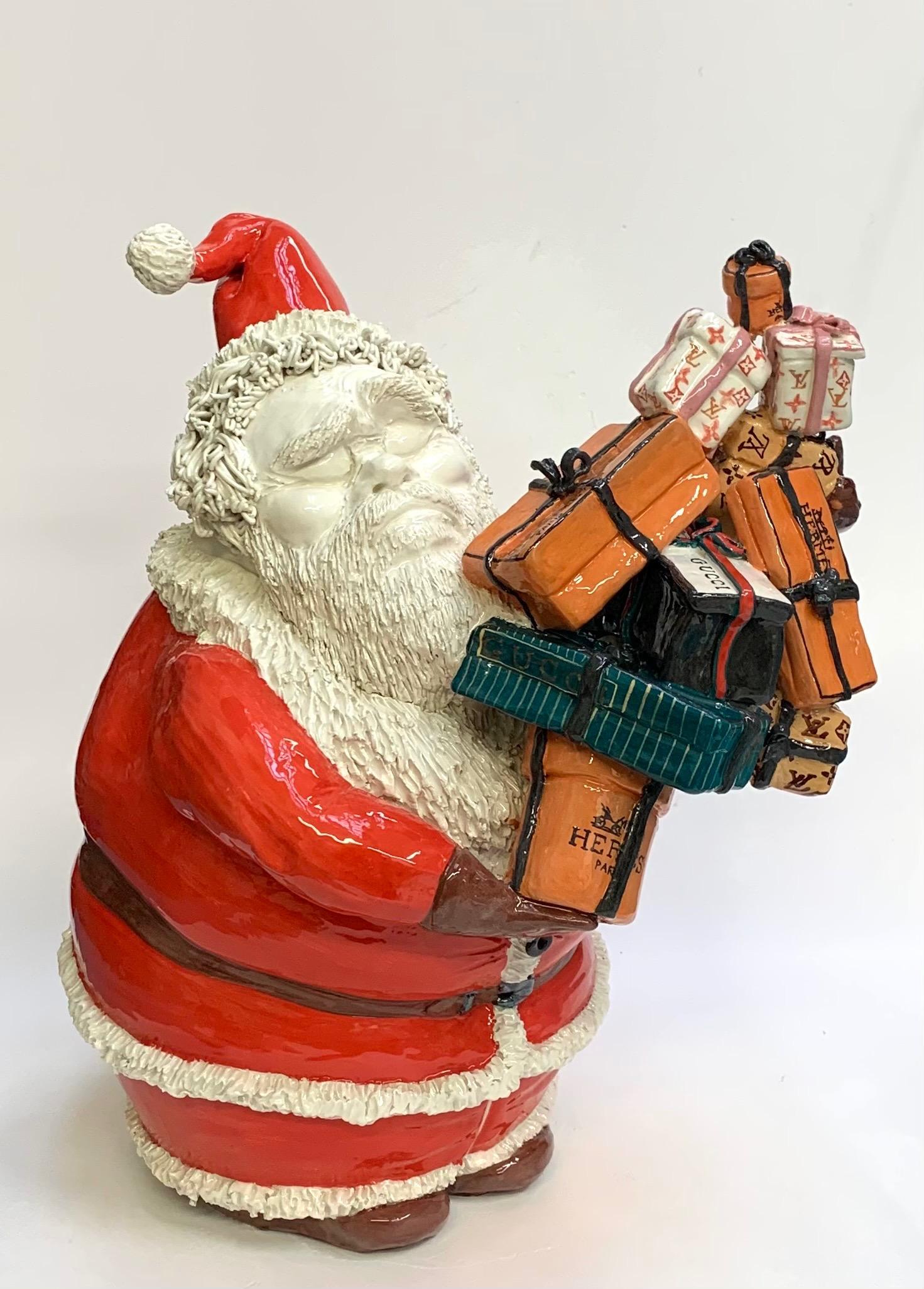 The piece is a funny revisiting of Santa Claus bringing his famous Christmas gifts. 
Our designer creates these pieces completely by hand.
    