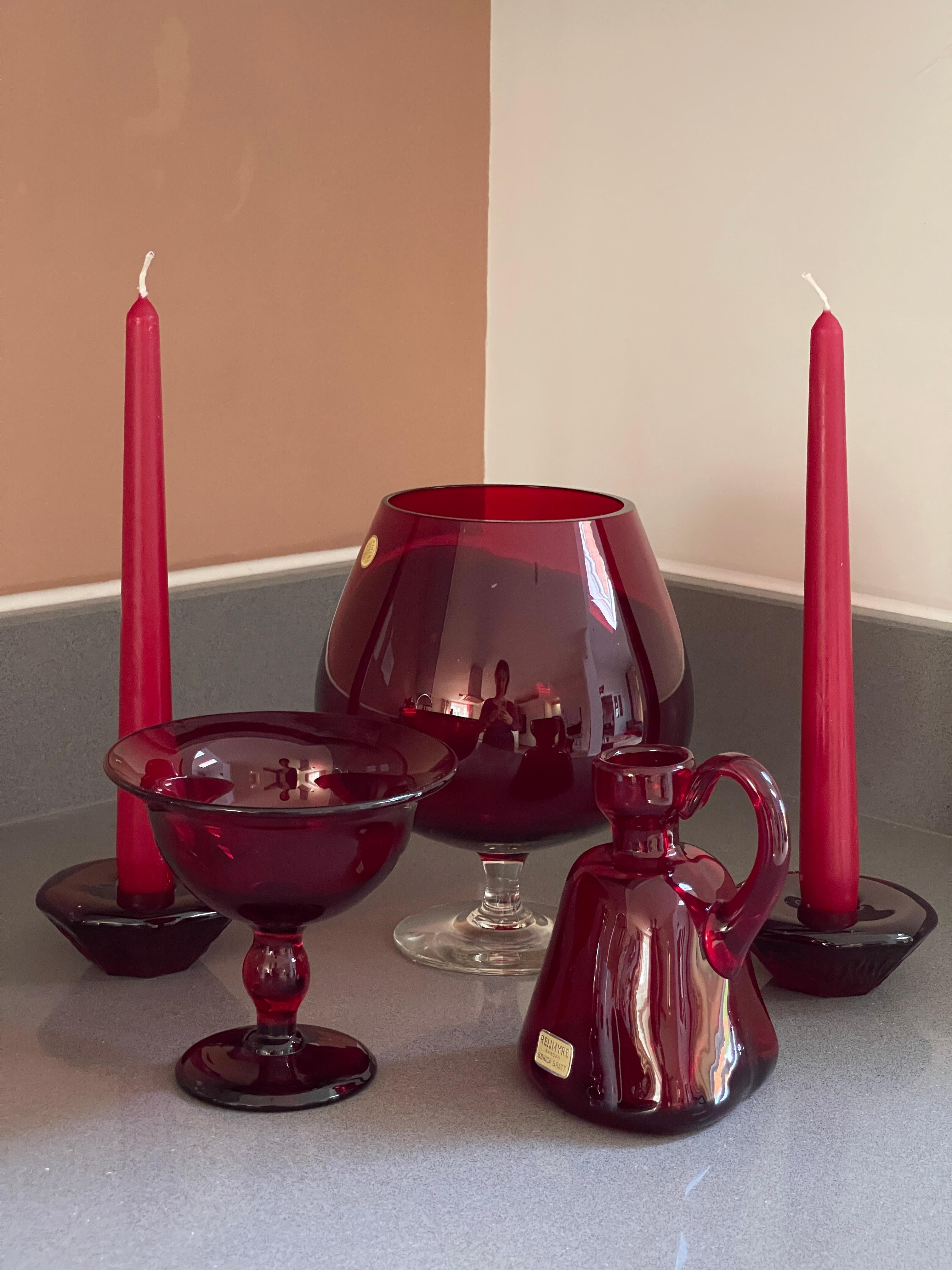 Gift Set 5 GLASS OBJECTS, Monica Bratt, Ruby Red Candle Holder / Jug Reimyre For Sale 2